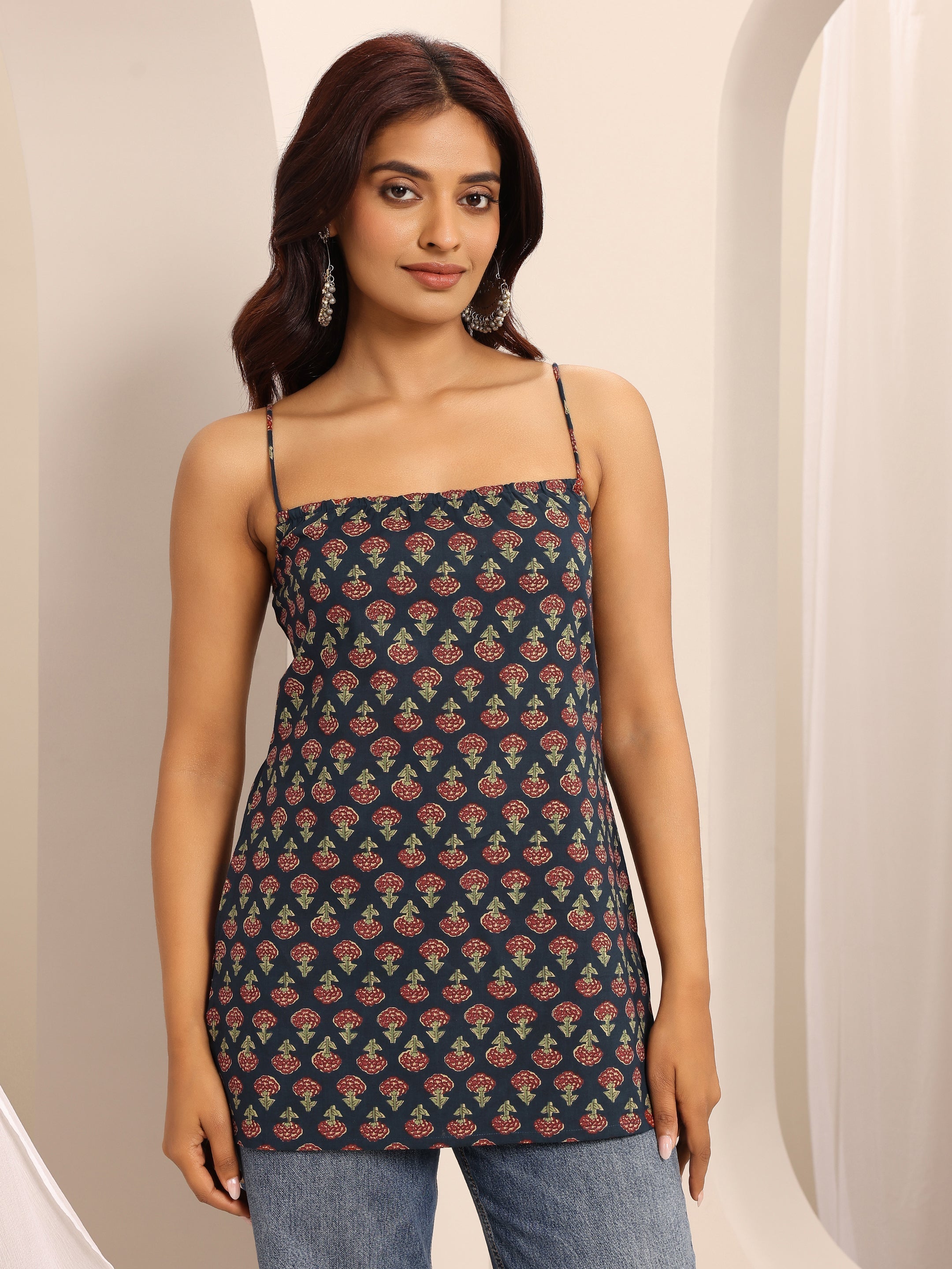 Navy Blue Printed Cotton Blend Straight Short Kurti
