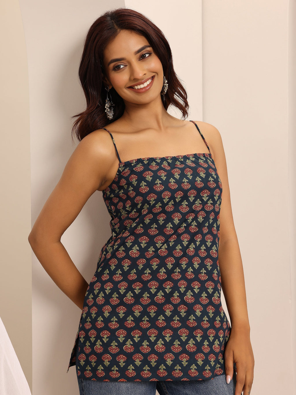 Navy Blue Printed Cotton Blend Straight Short Kurti