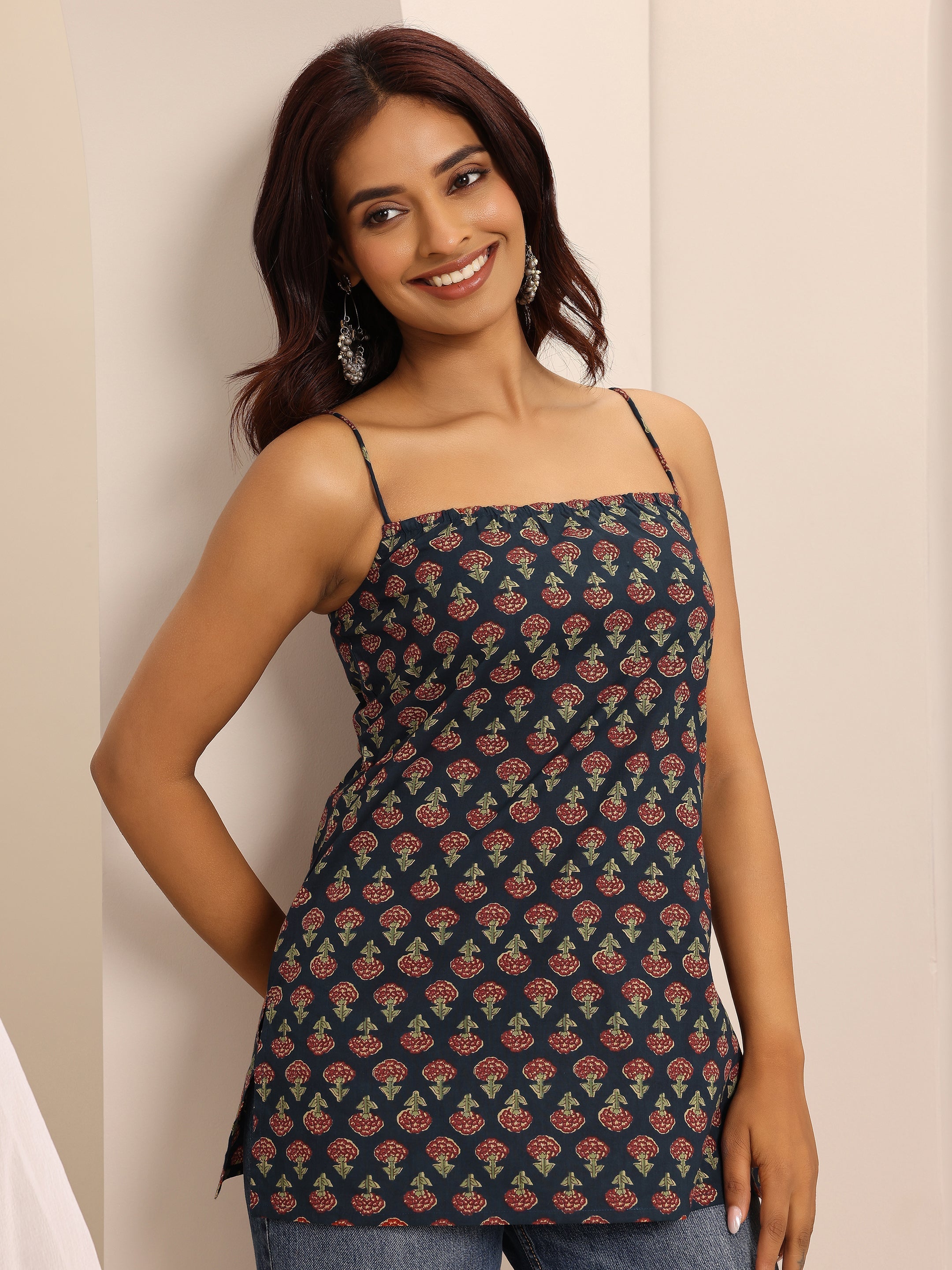 Navy blue Printed Cotton Blend Straight Short Kurti