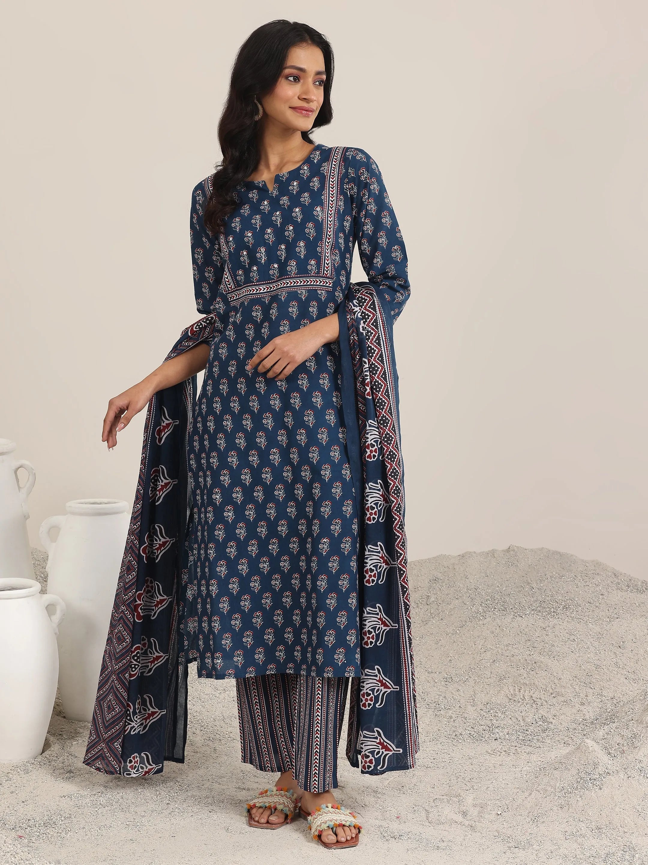 Blue Printed Cotton Straight Suit With Dupatta