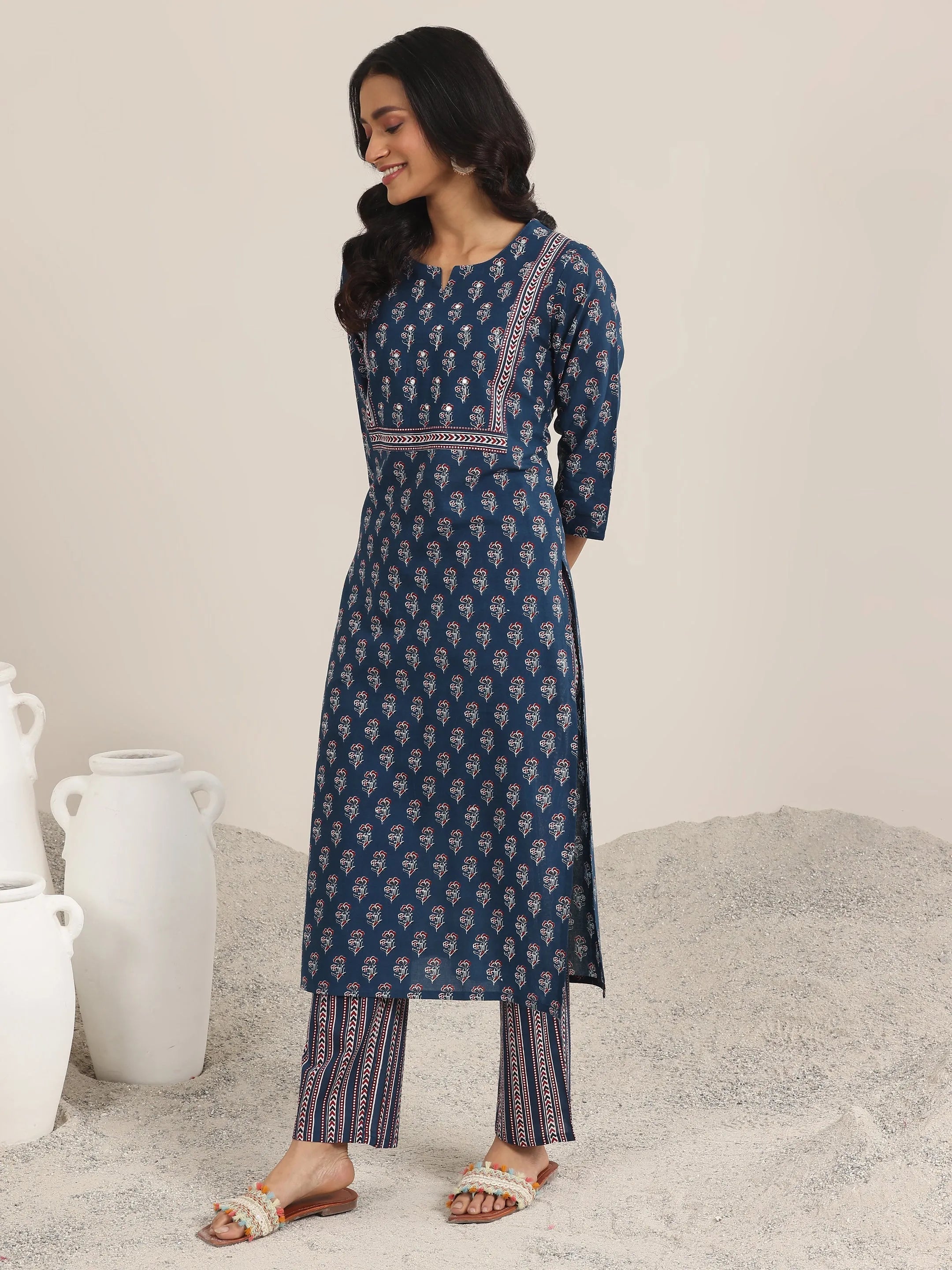 Blue Printed Cotton Straight Suit With Dupatta