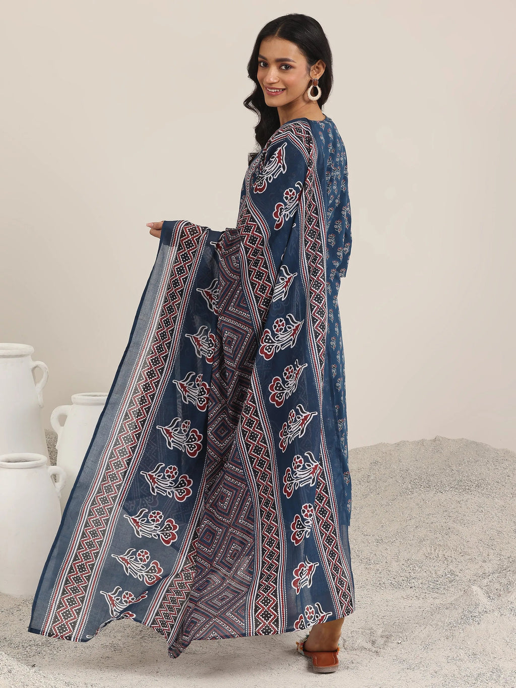 Blue Printed Cotton Straight Suit With Dupatta