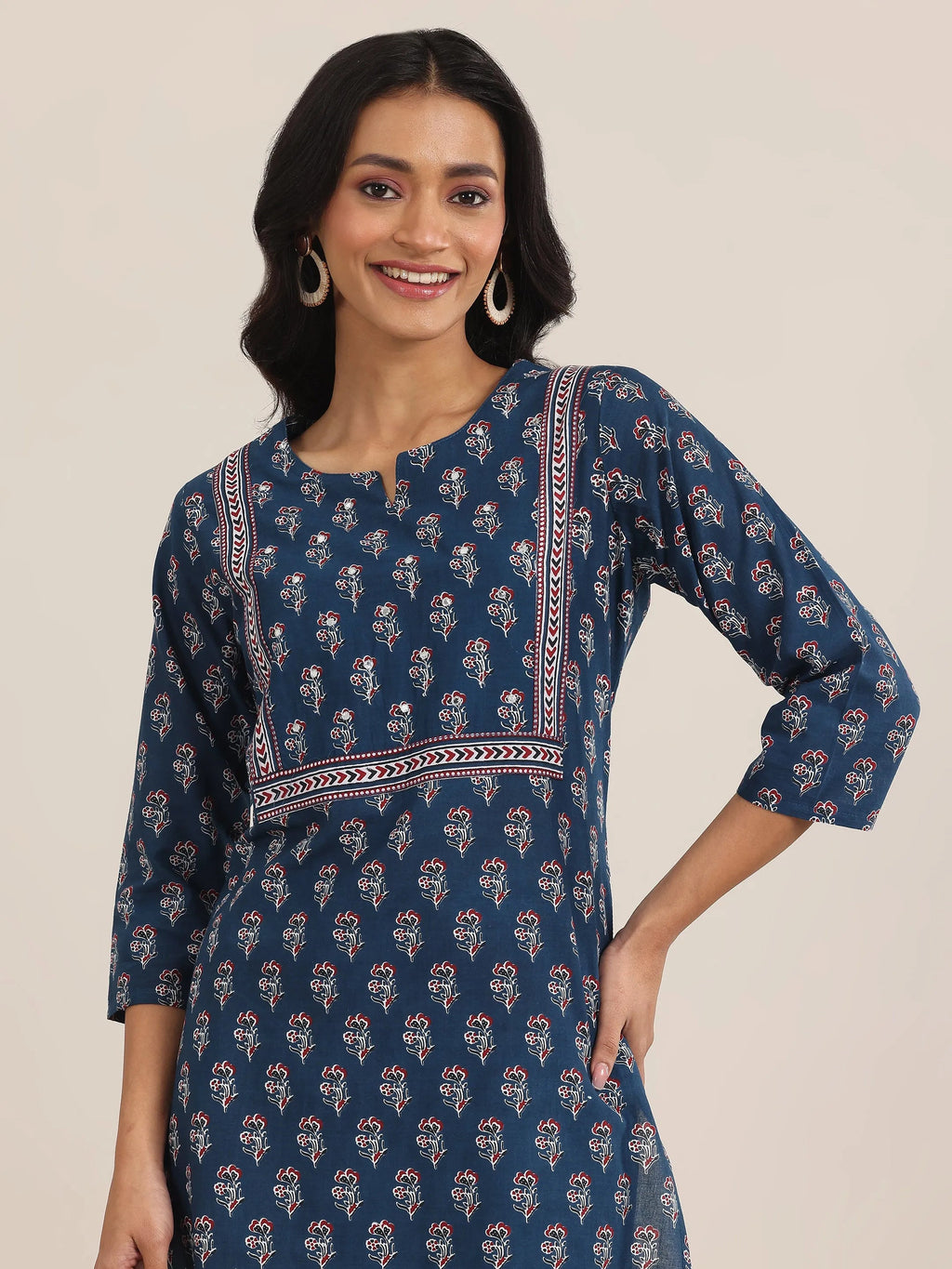 Blue Printed Cotton Straight Suit With Dupatta