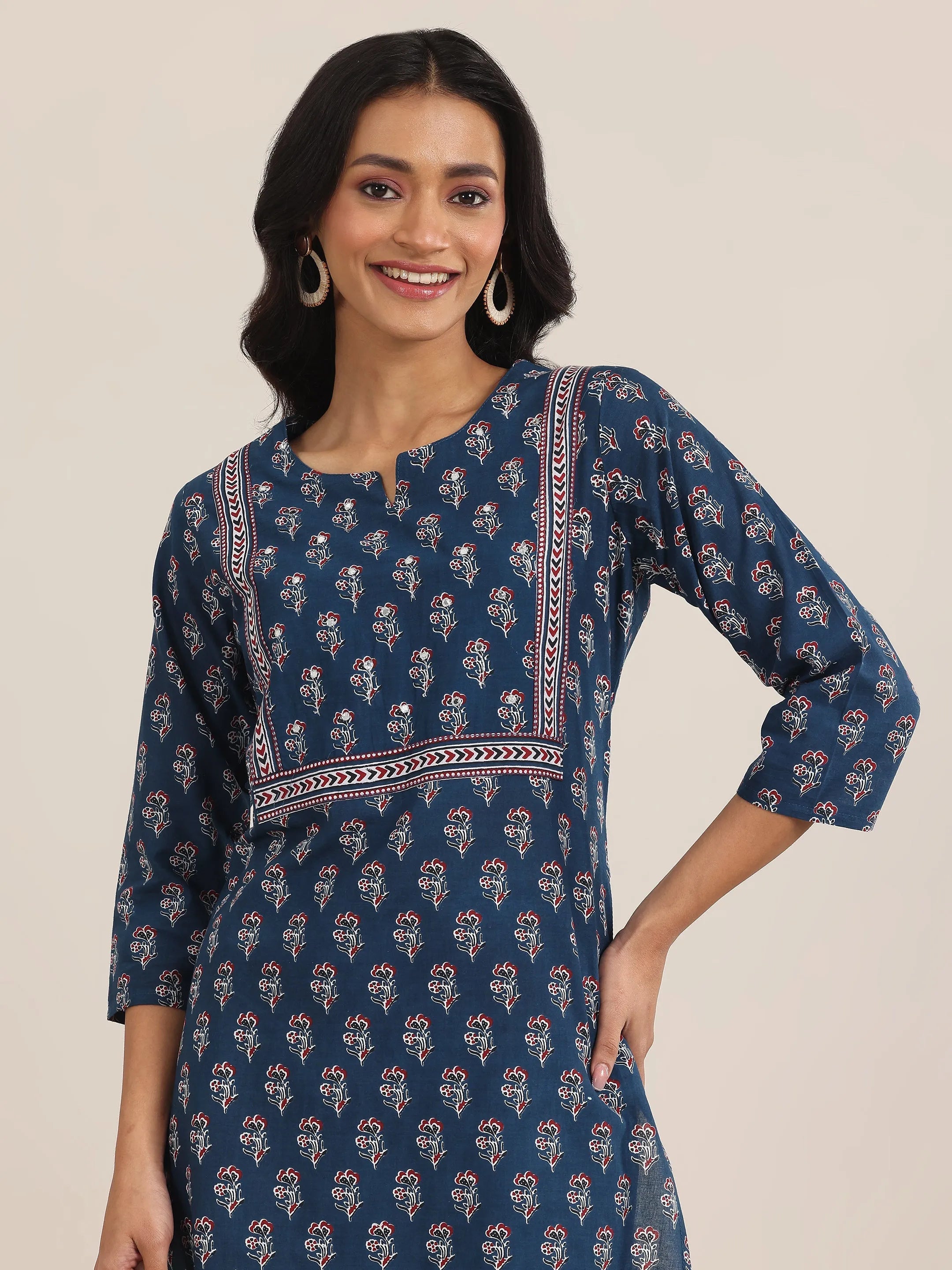 Blue Printed Cotton Straight Suit With Dupatta