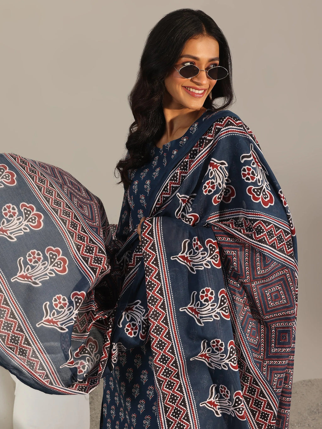 Blue Printed Cotton Straight Suit With Dupatta