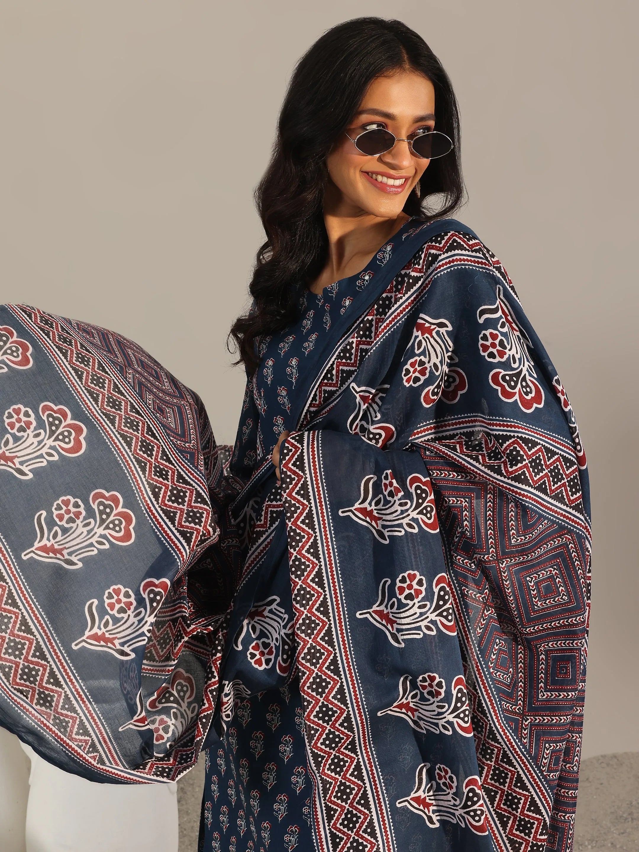 Blue Printed Cotton Straight Suit With Dupatta