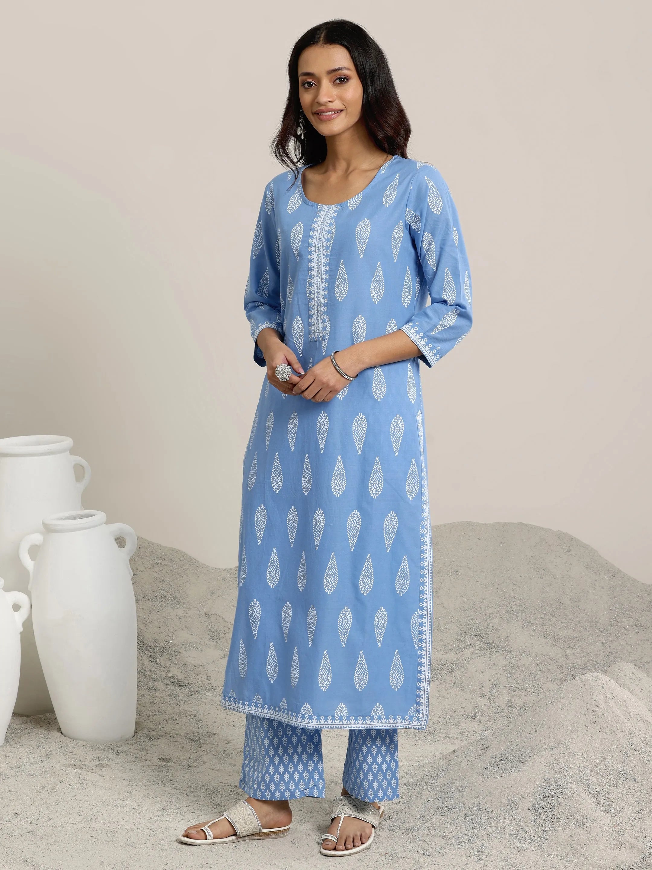 Blue Printed Cotton Straight  Suits With Dupatta