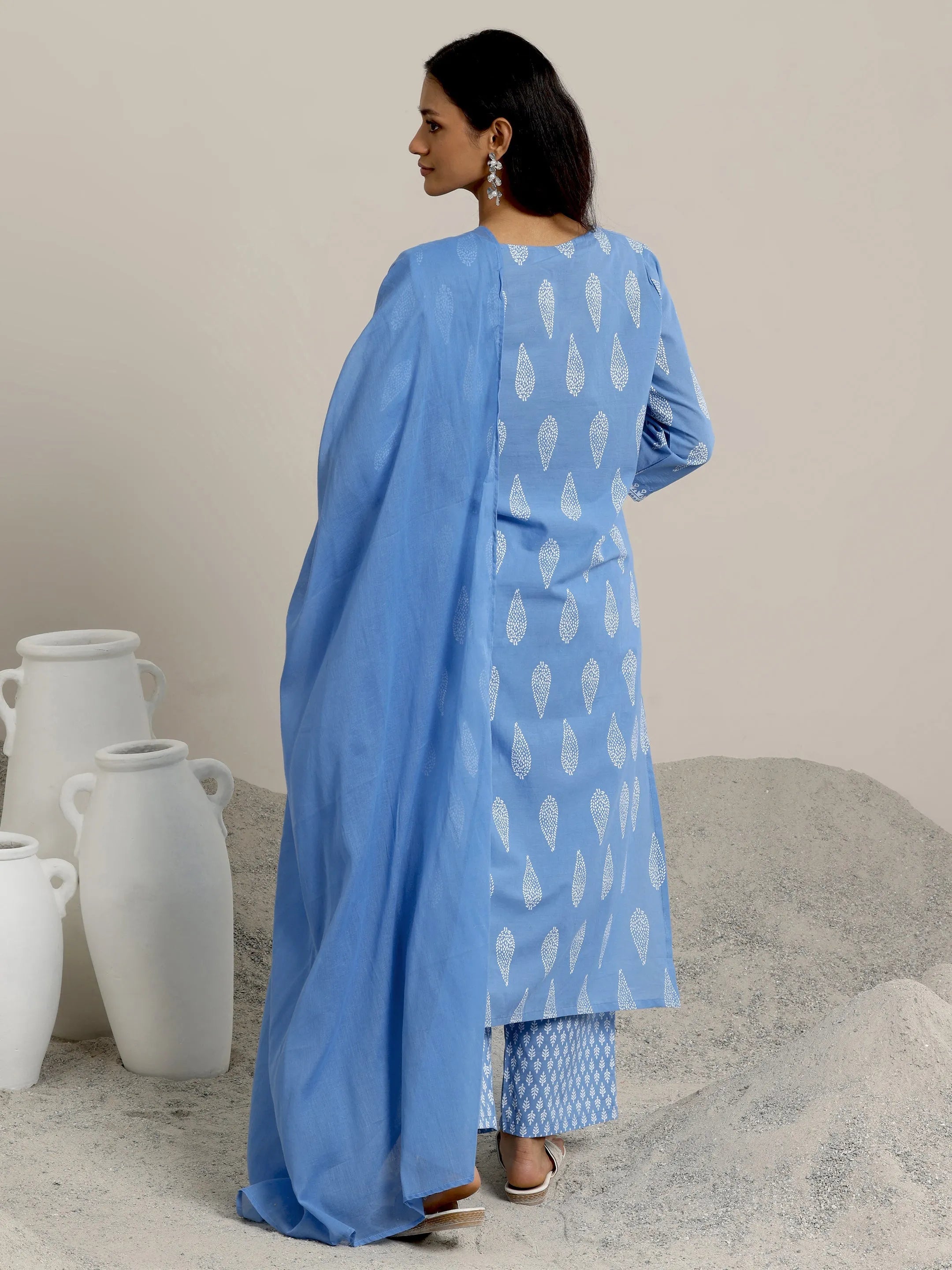Blue Printed Cotton Straight  Suits With Dupatta