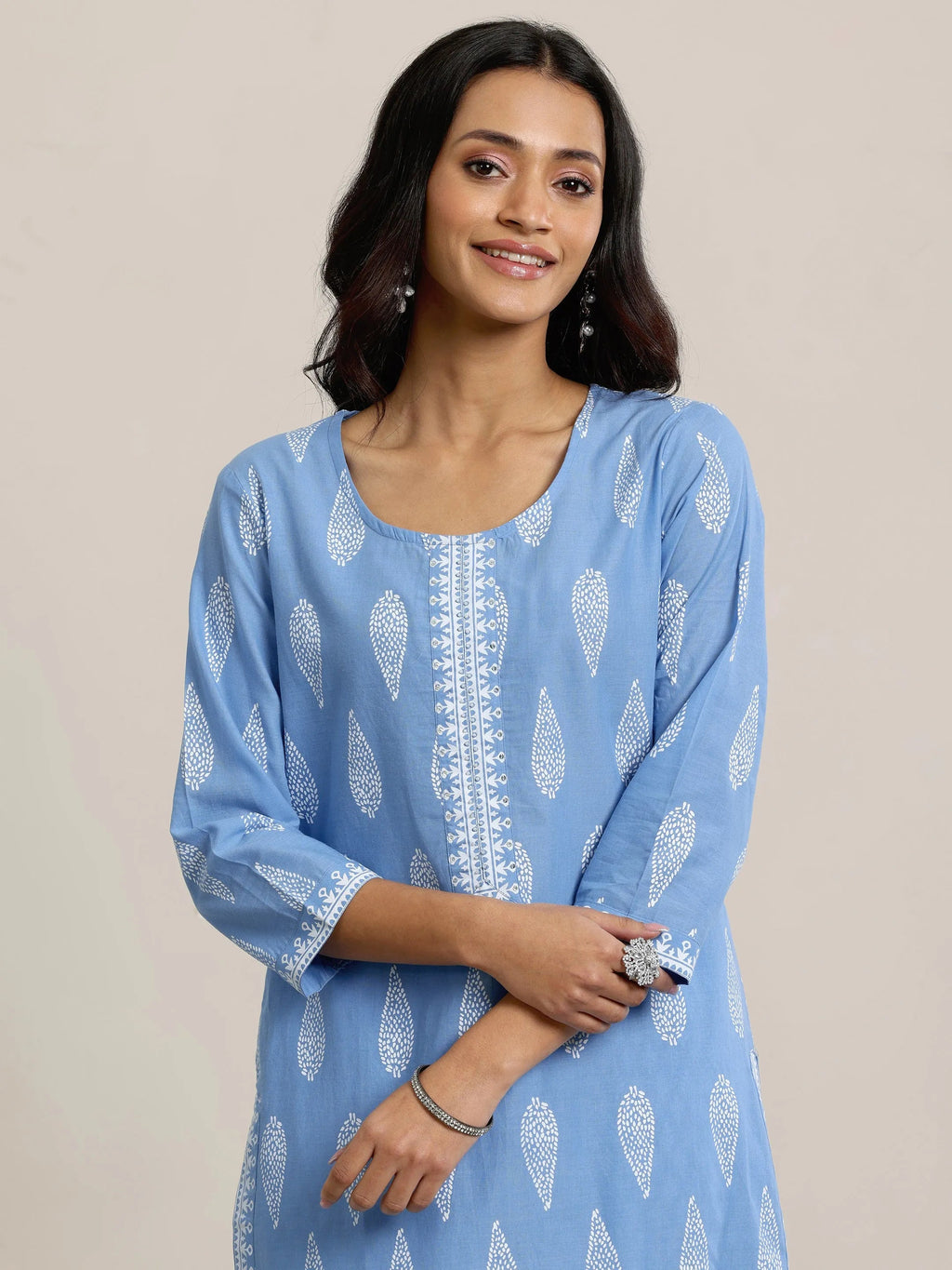Blue Printed Cotton Straight  Suits With Dupatta
