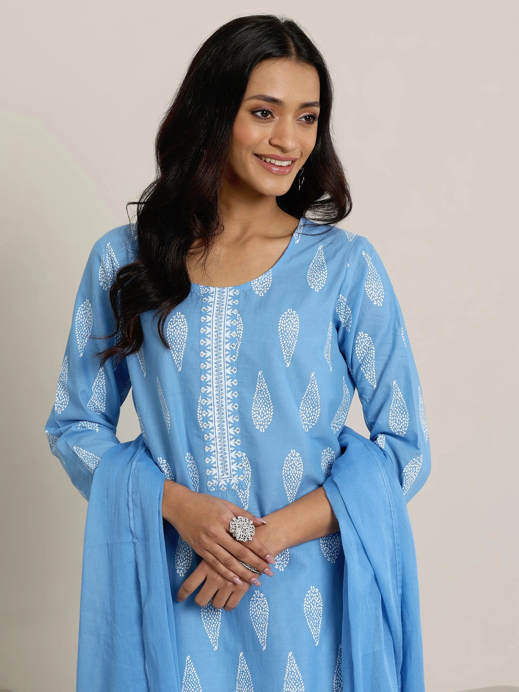 Blue Printed Cotton Straight  Suits With Dupatta