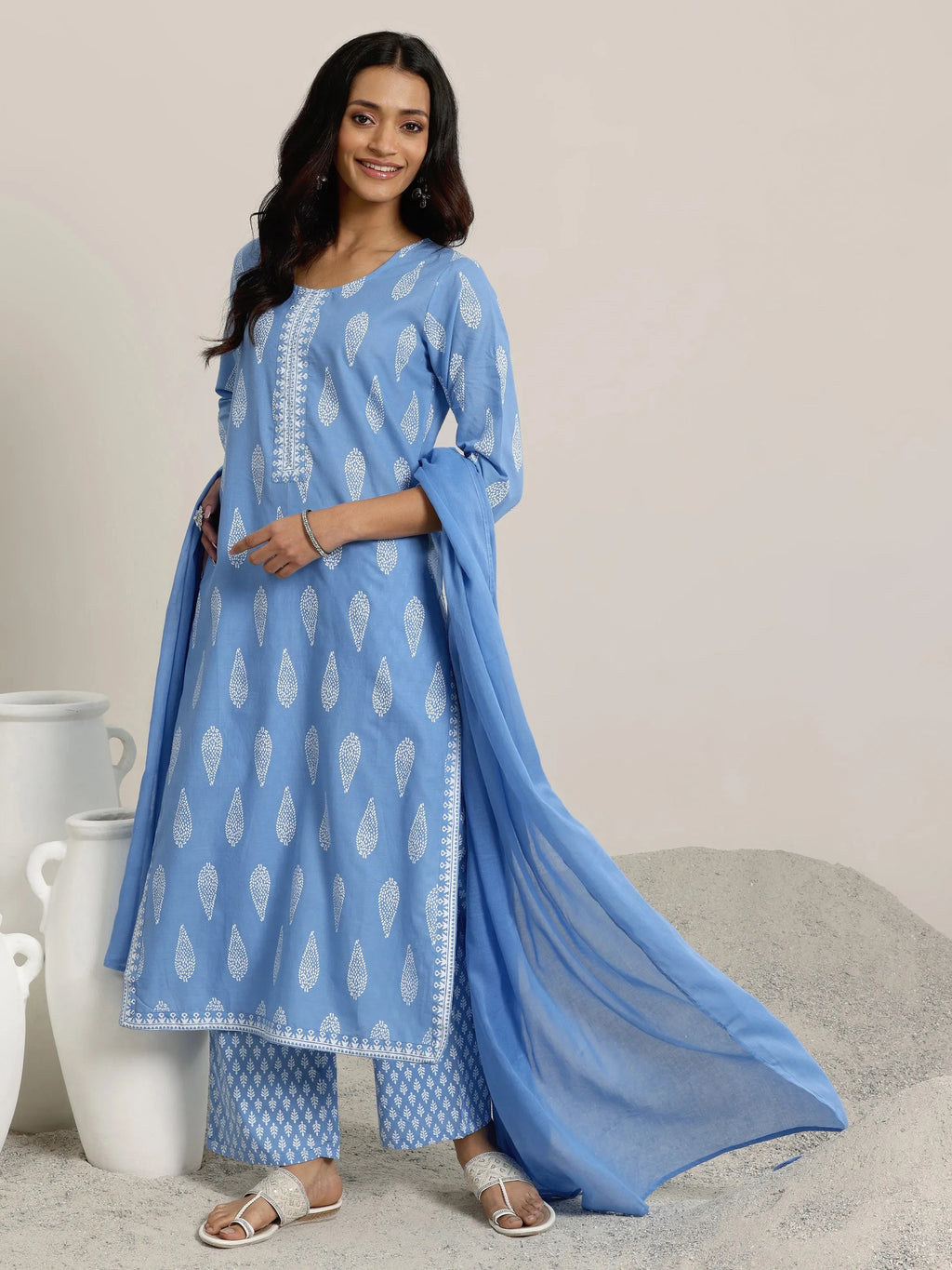 Blue Printed Cotton Straight  Suits With Dupatta