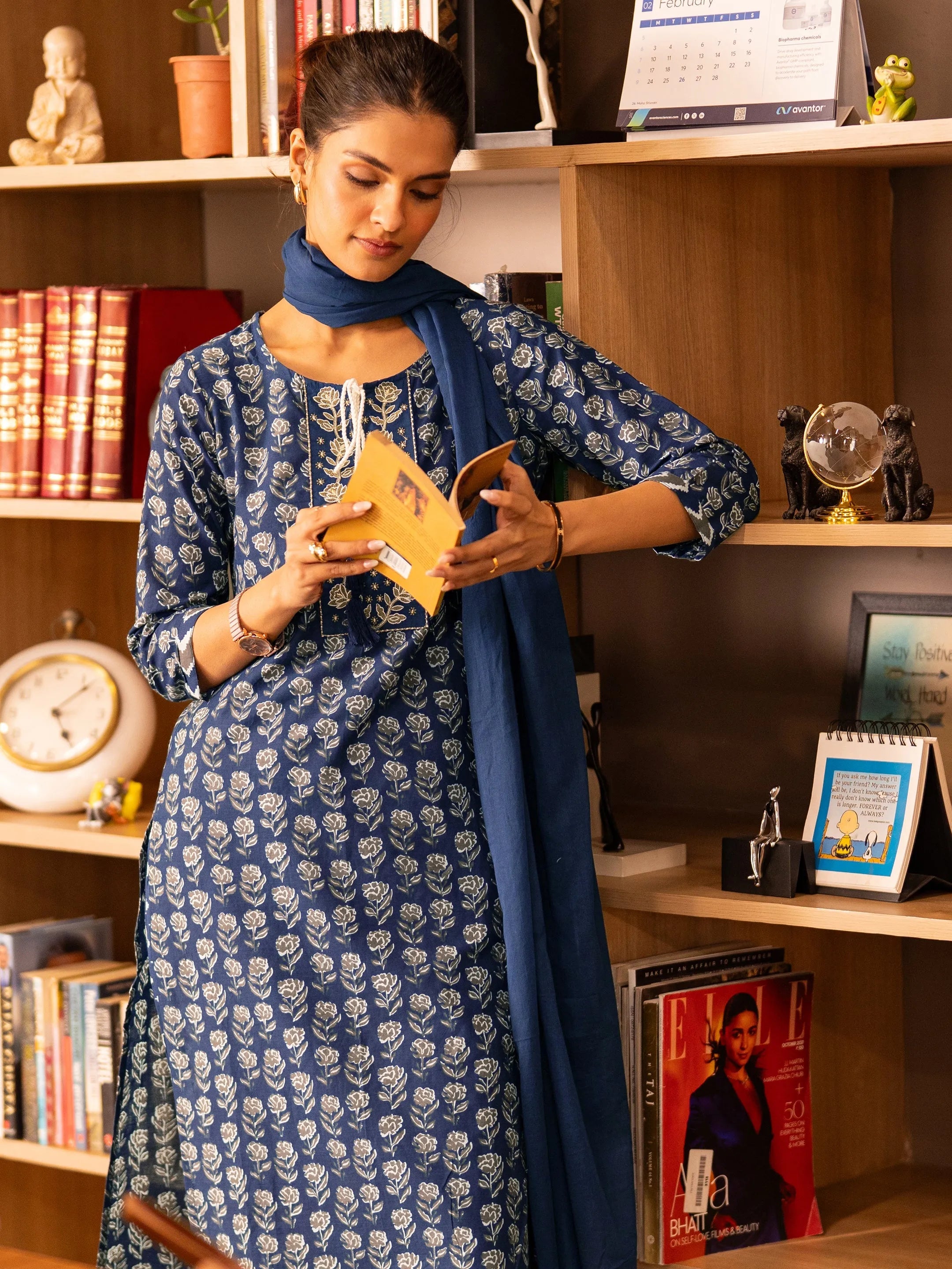 Navy Printed Cotton Straight Suit Set With Dupatta