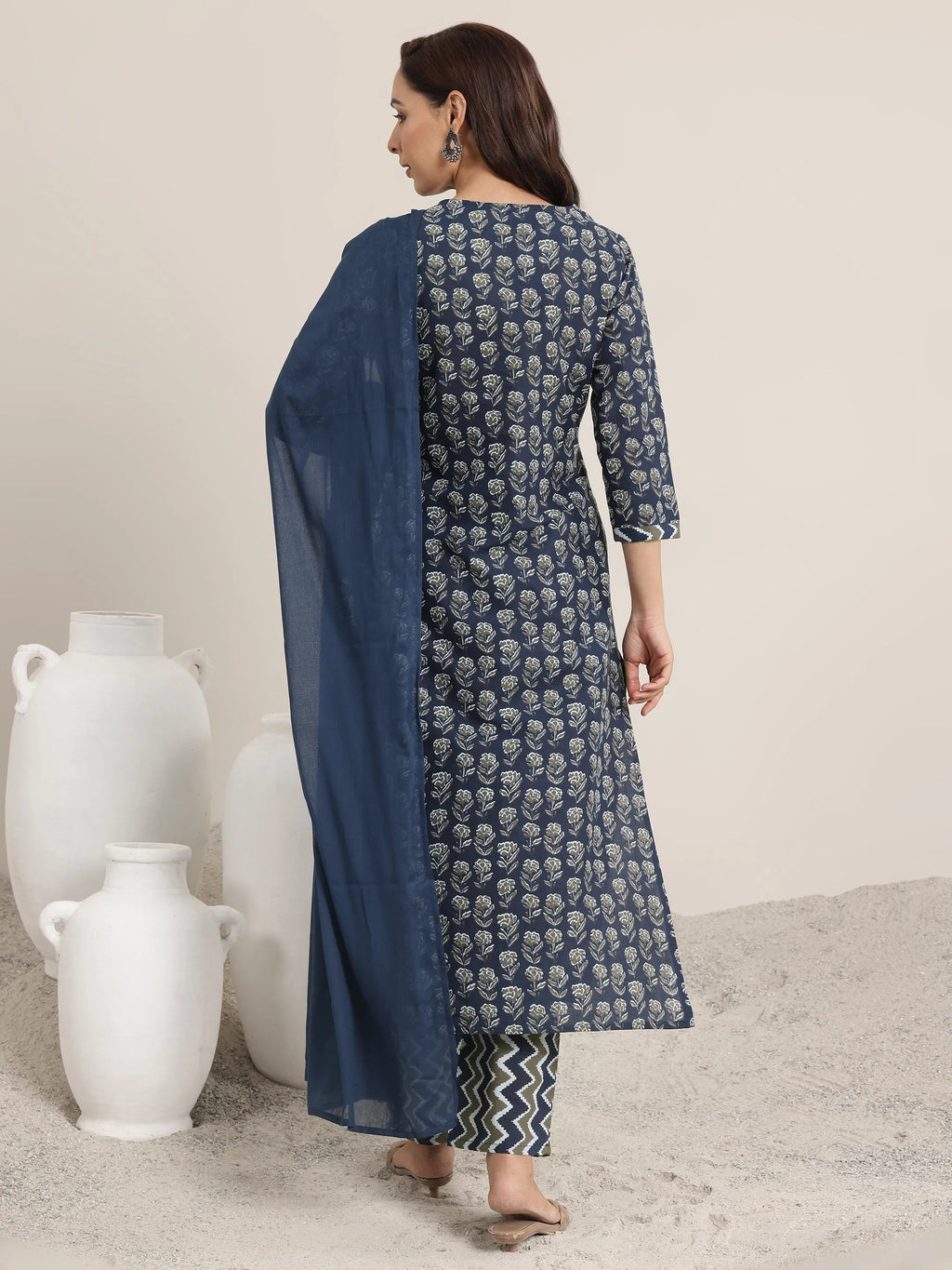 Navy Printed Cotton Straight Suit Set With Dupatta