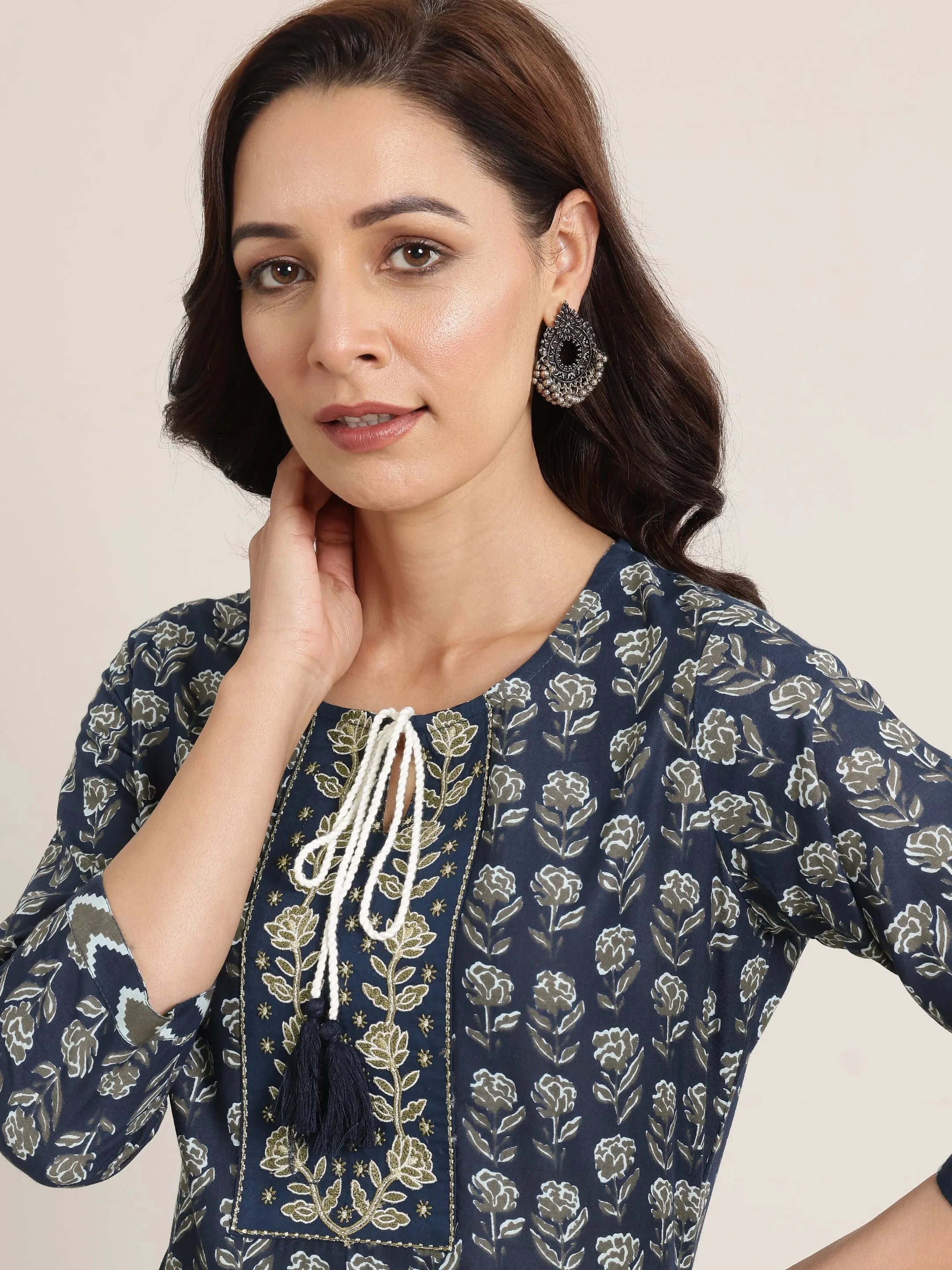 Navy Printed Cotton Straight Suit Set With Dupatta