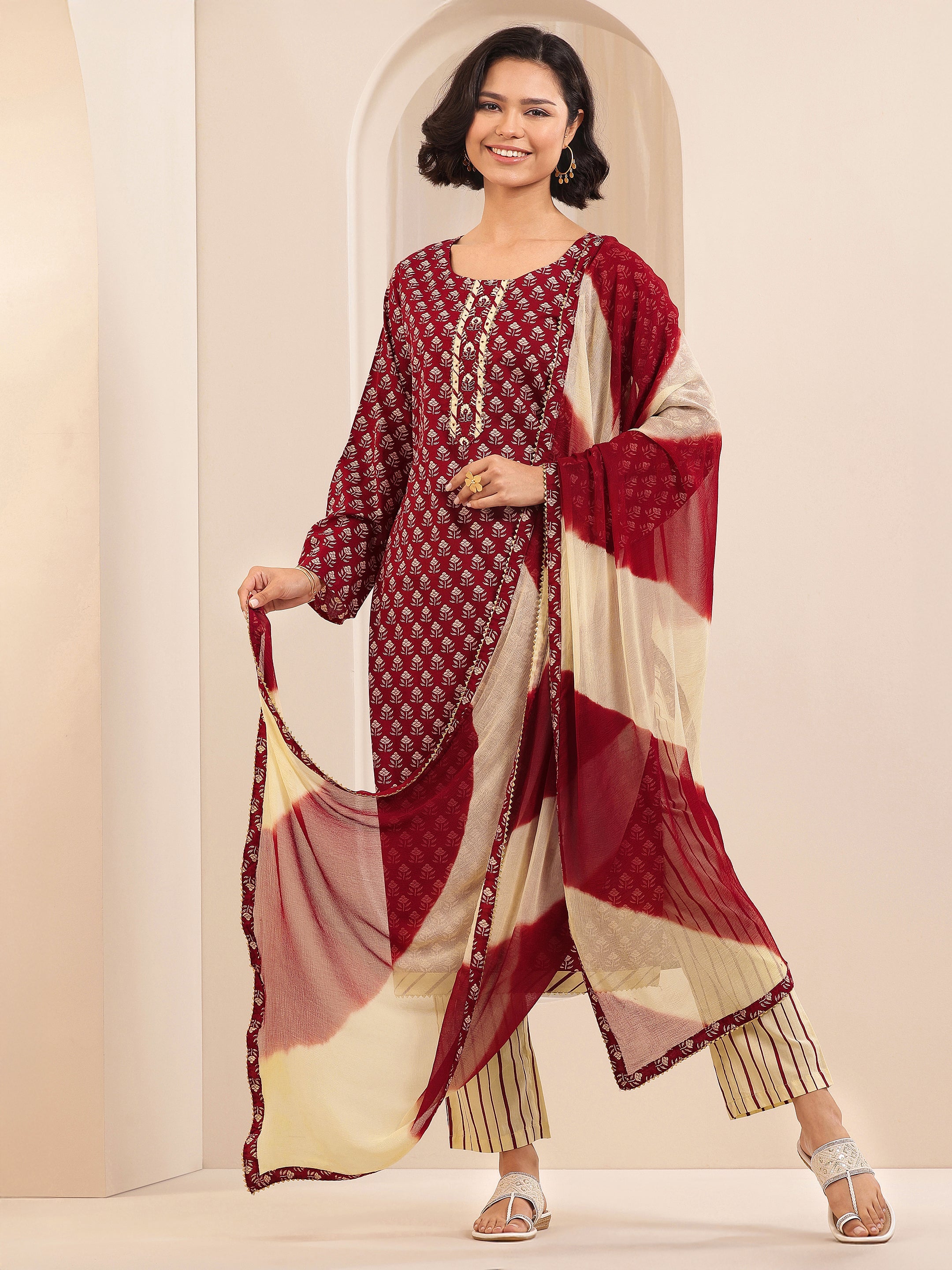 Maroon Printed Cotton Straight Suit Sets With Dupatta