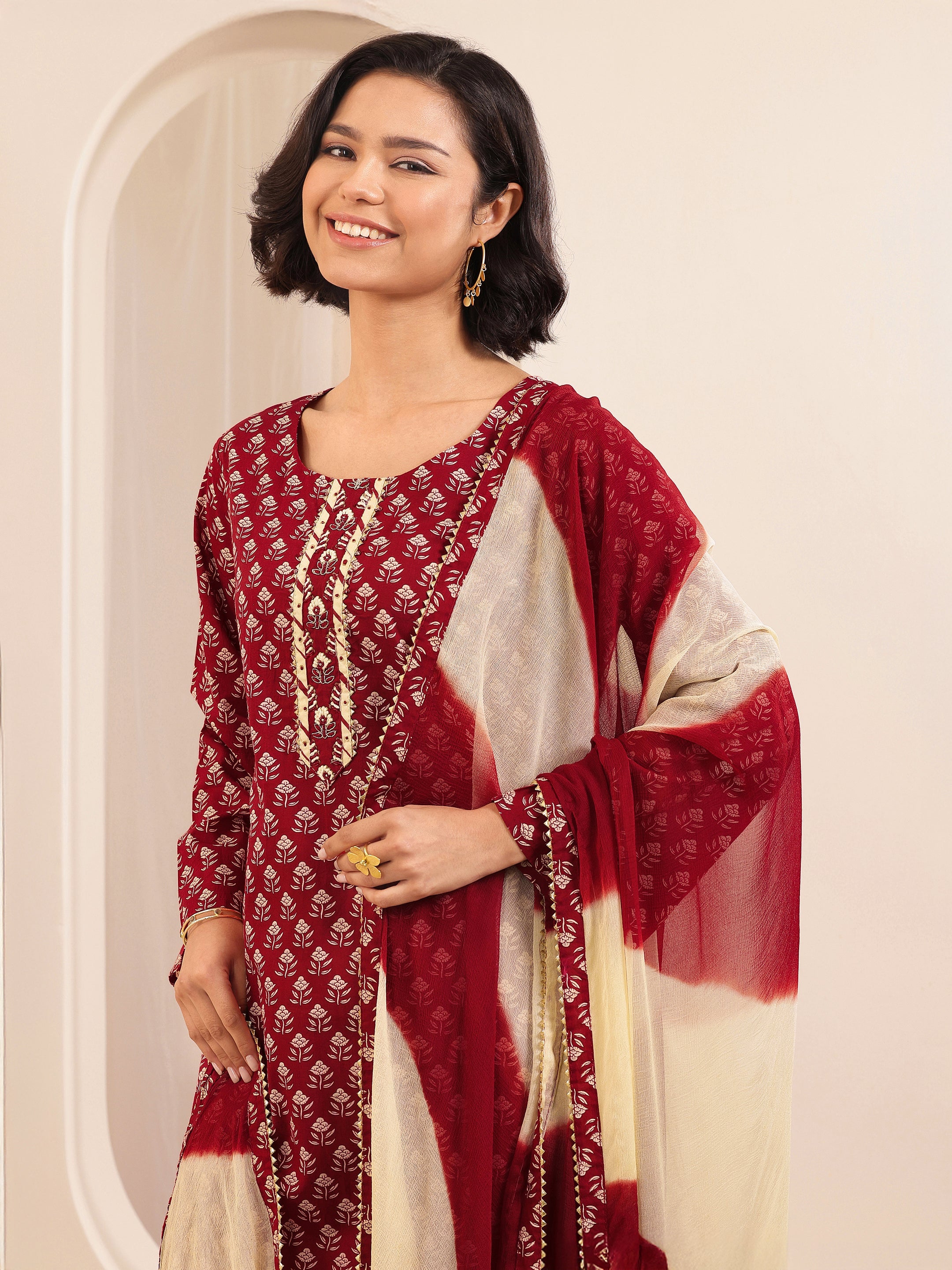 Maroon Printed Cotton Straight Suit Sets With Dupatta