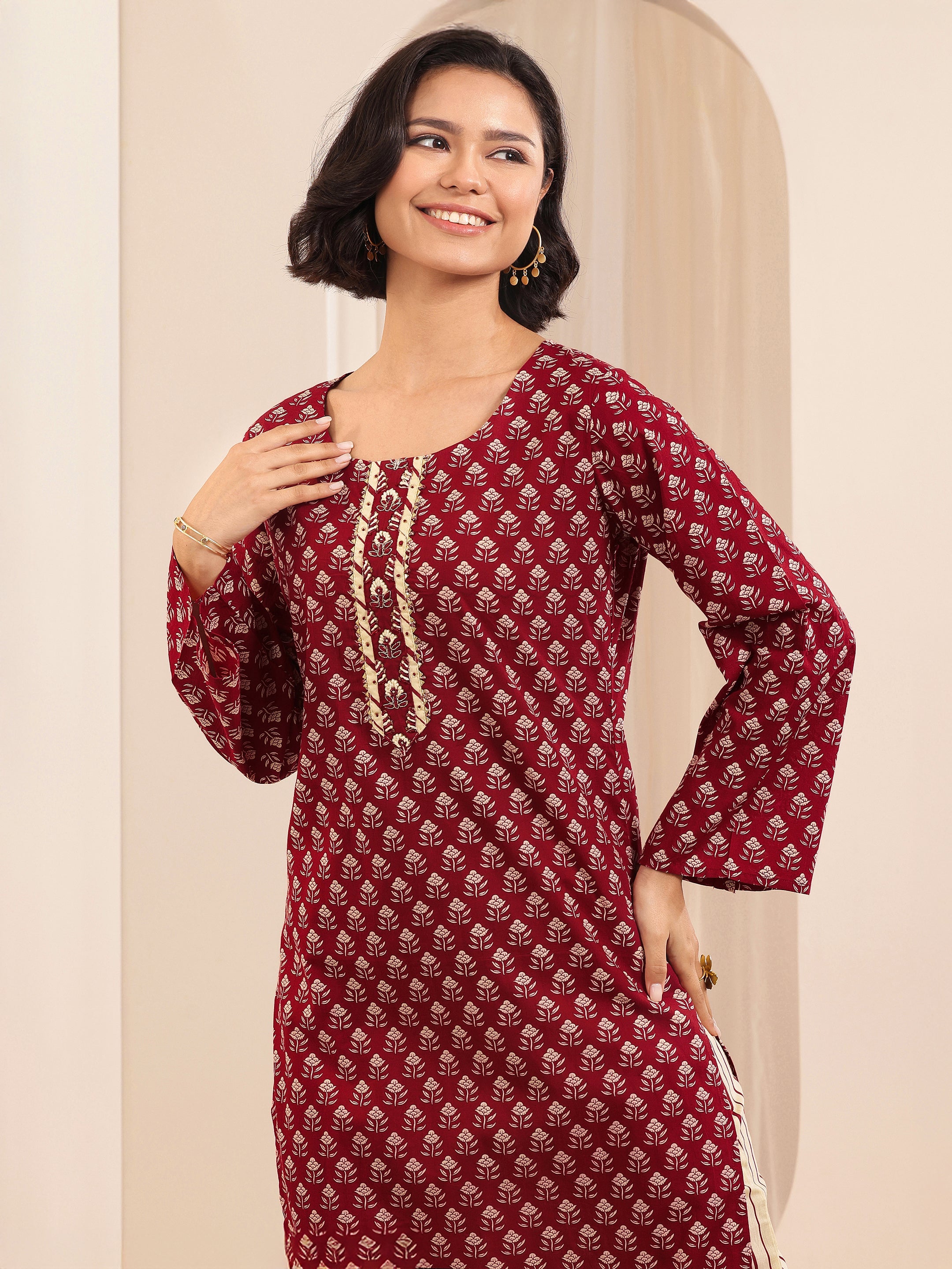 Maroon Printed Cotton Straight Suit Sets With Dupatta