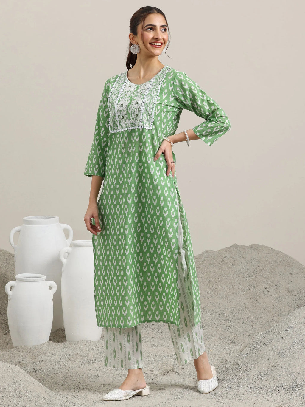 Green Printed Cotton Straight Suit With Dupatta