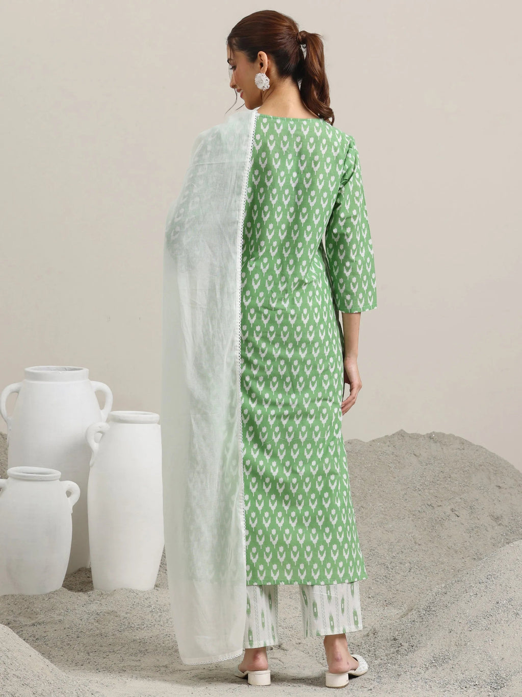 Green Printed Cotton Straight Suit With Dupatta