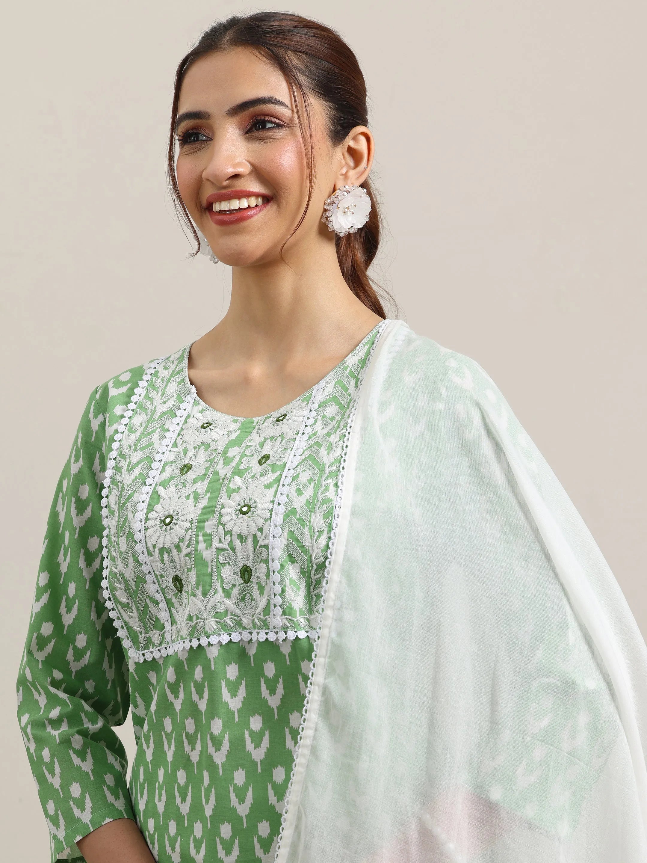 Green Printed Cotton Straight Suit With Dupatta