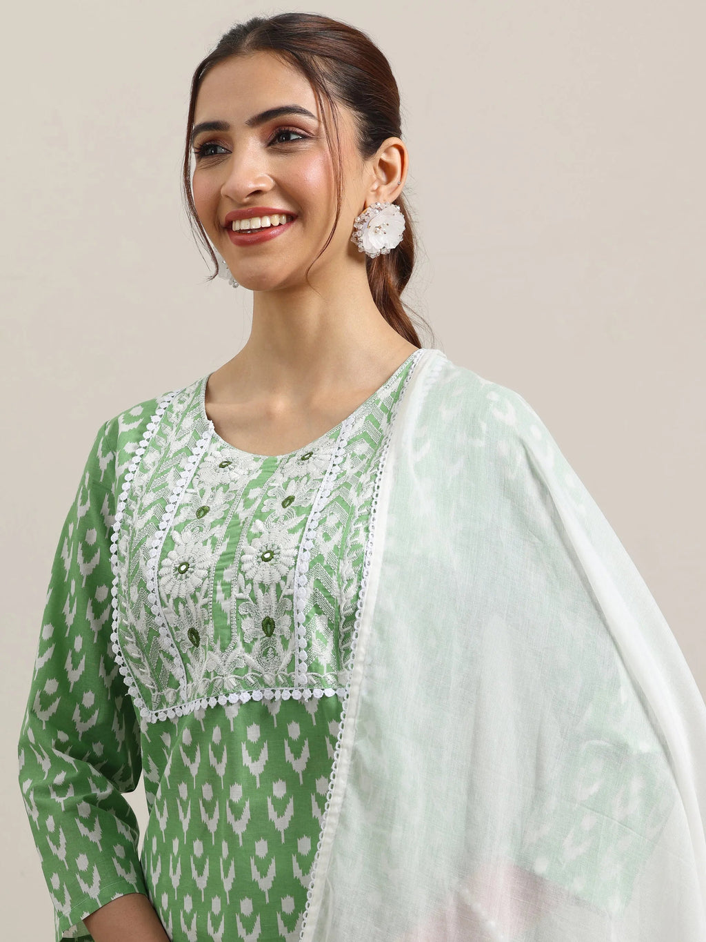 Green Printed Cotton Straight Suit With Dupatta