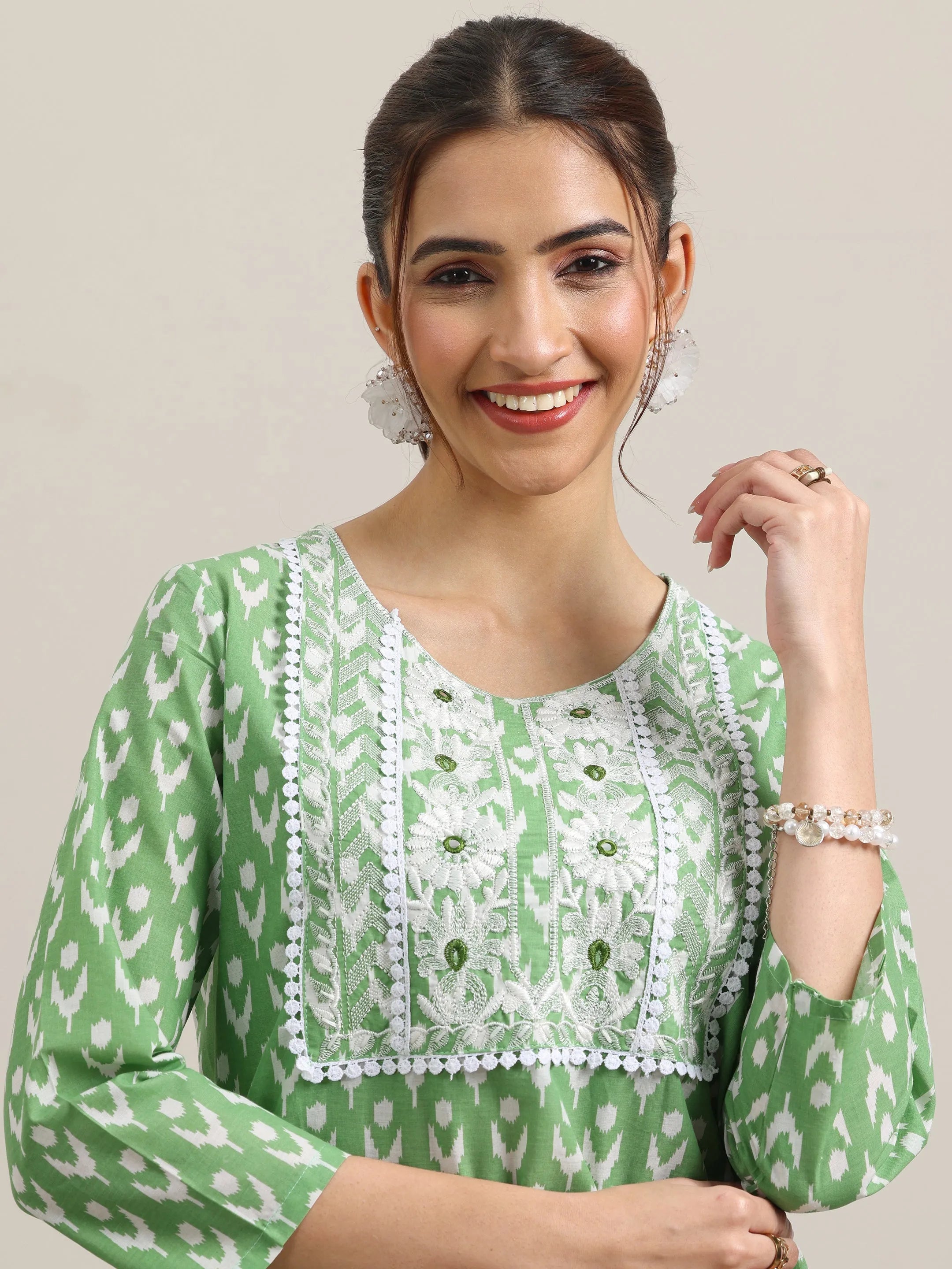 Green Printed Cotton Straight Suit With Dupatta