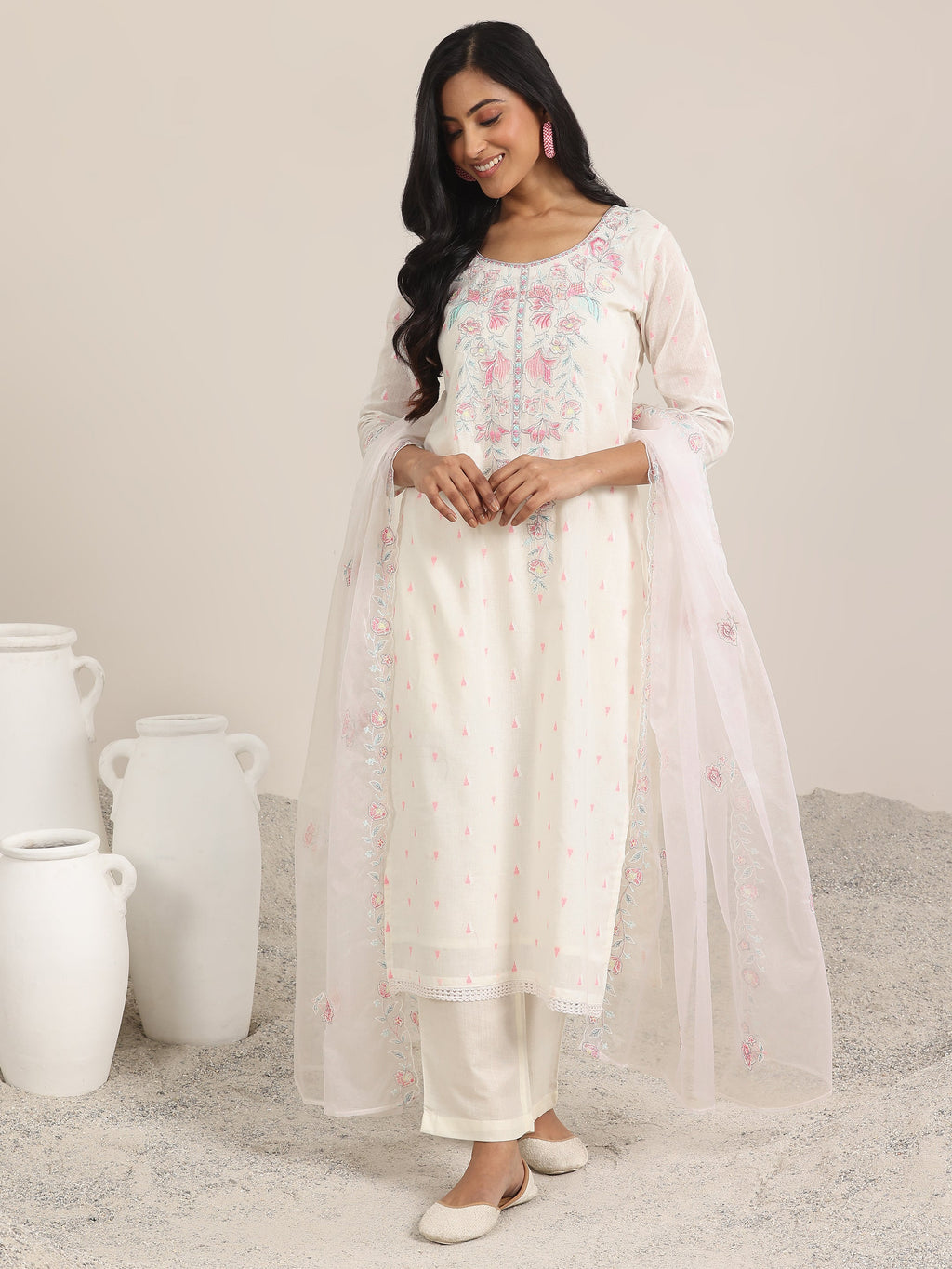 Off White Embroidered Cotton Straight Suit With Dupatta