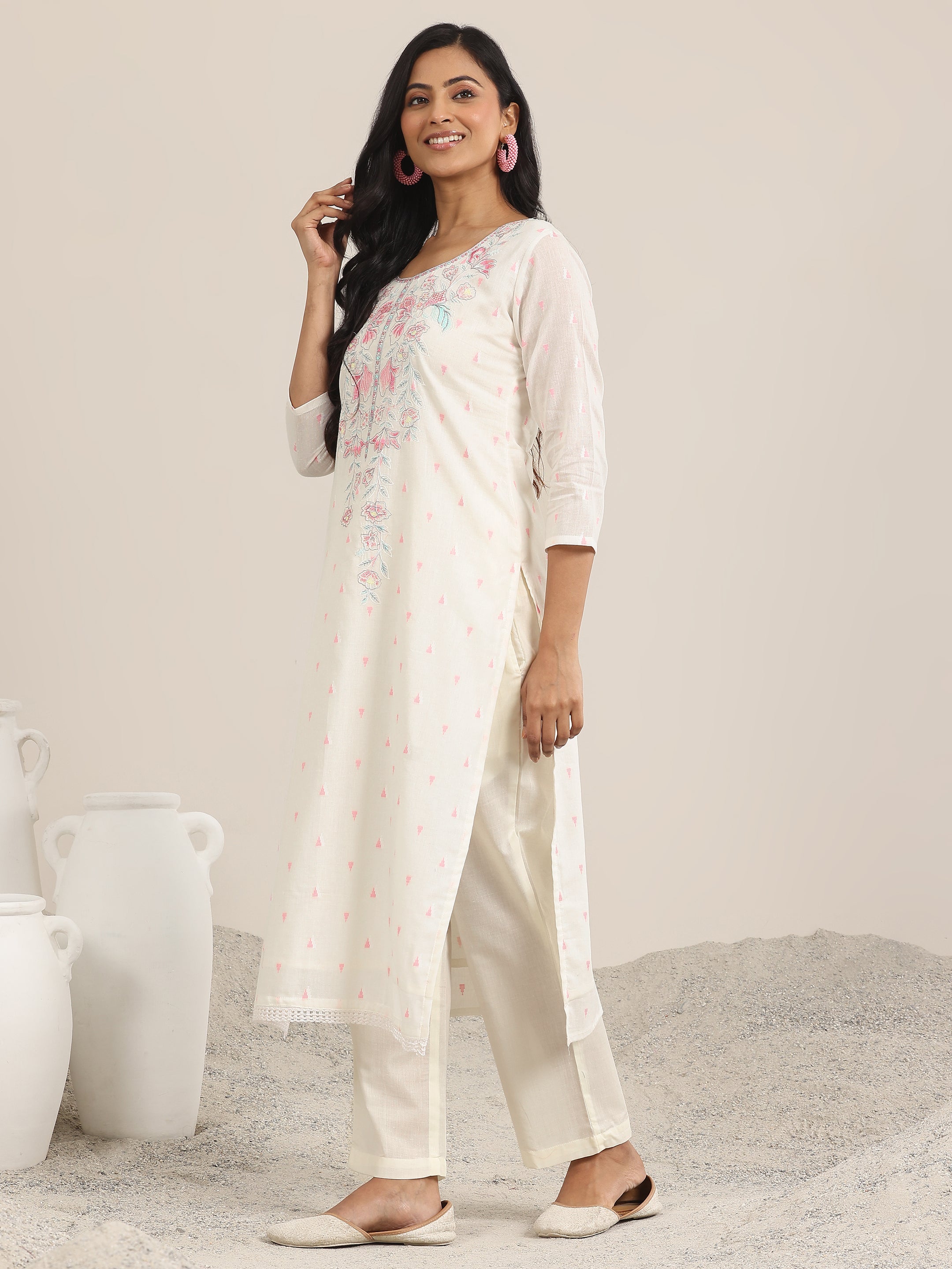 Off White Embroidered Cotton Straight Suit With Dupatta