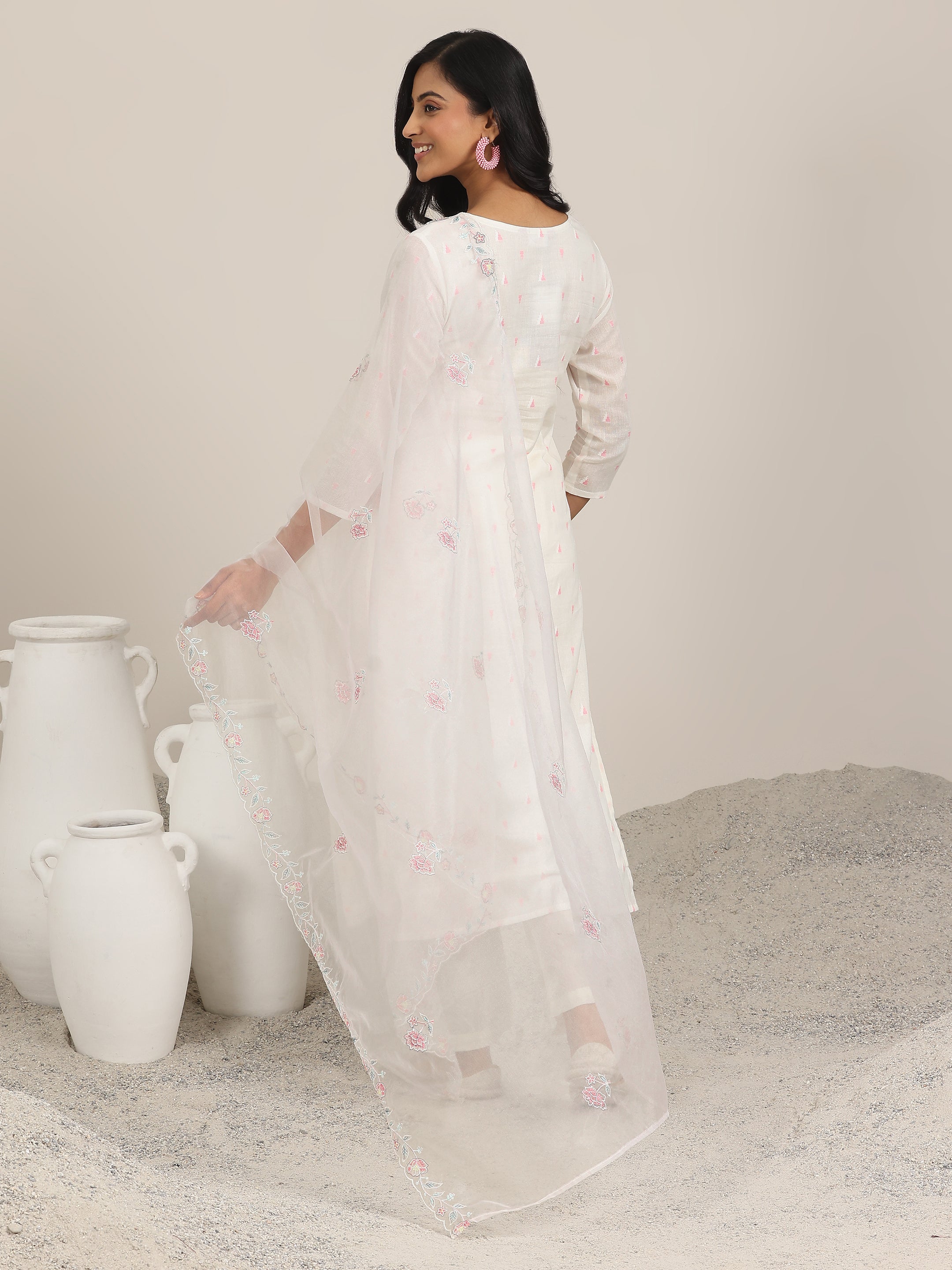 Off White Embroidered Cotton Straight Suit With Dupatta