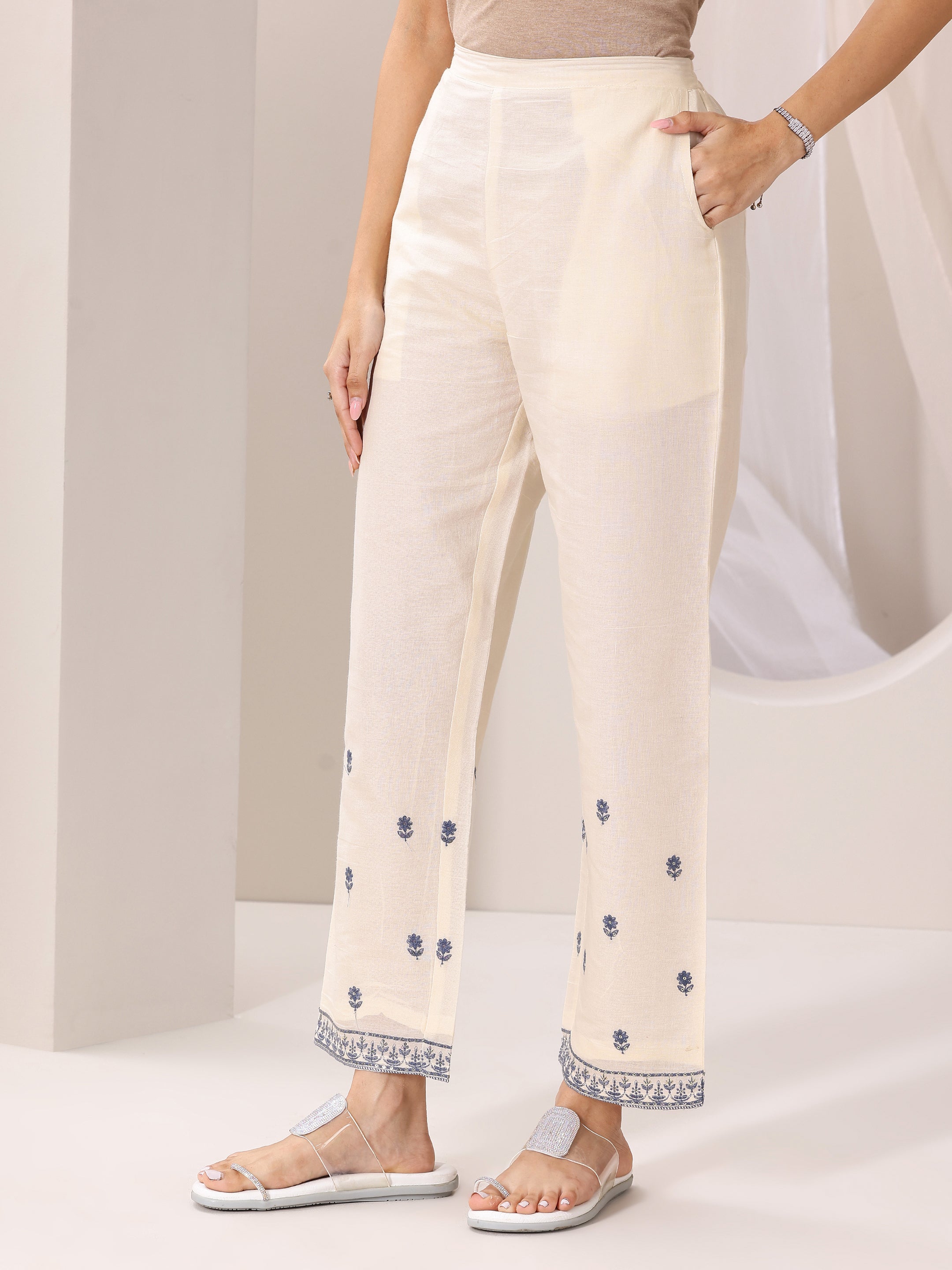 Off White Embroidered Cotton Straight Suit Set With Dupatta