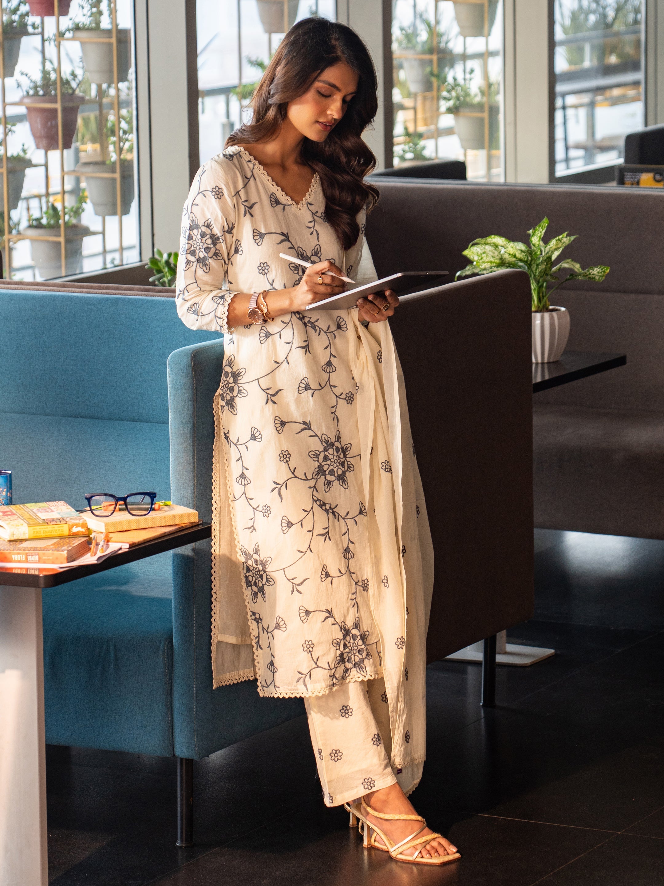 Off White Embroidered Cotton Straight Suit Set With Dupatta