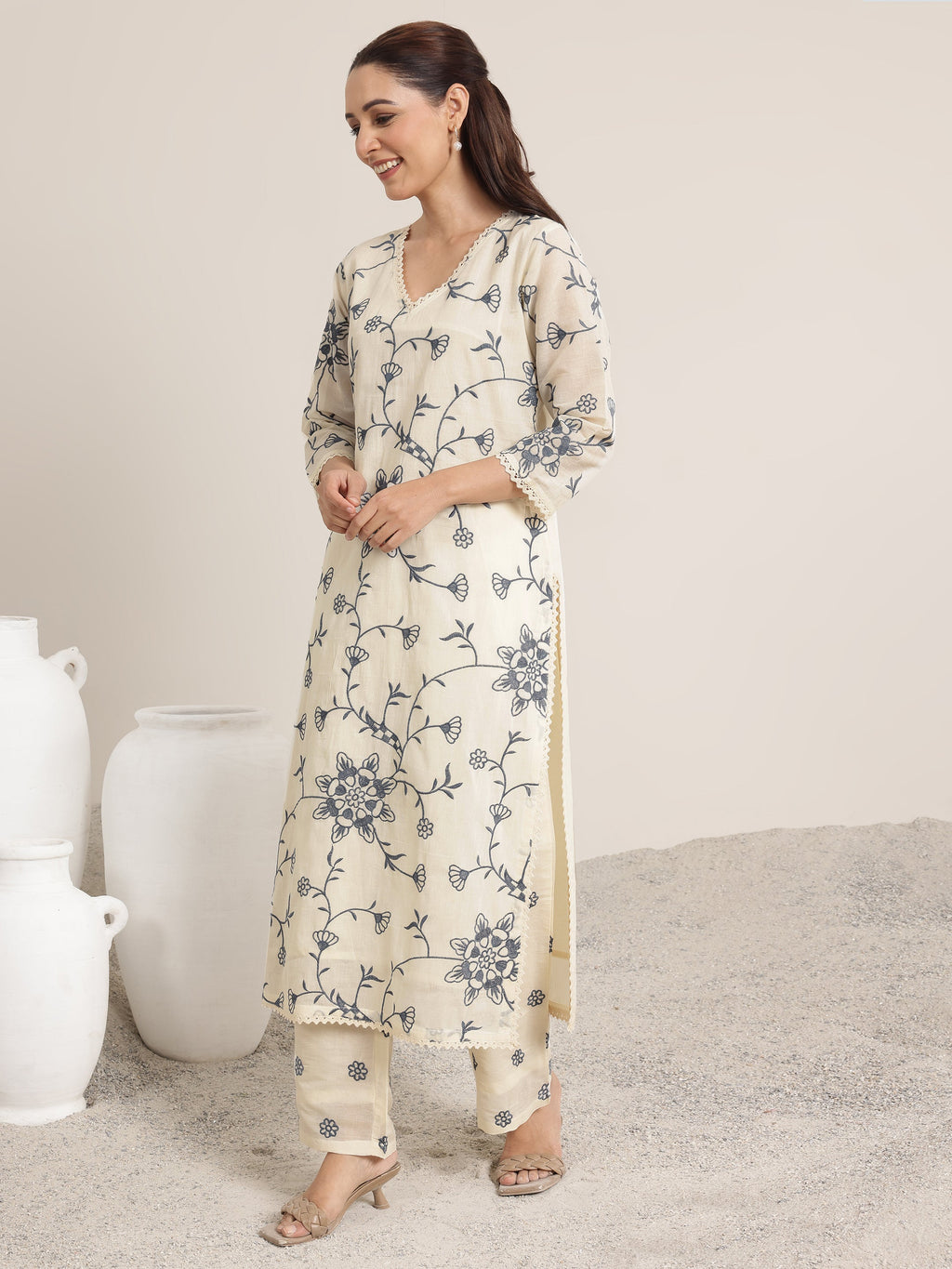Off White Embroidered Cotton Straight Suit Set With Dupatta