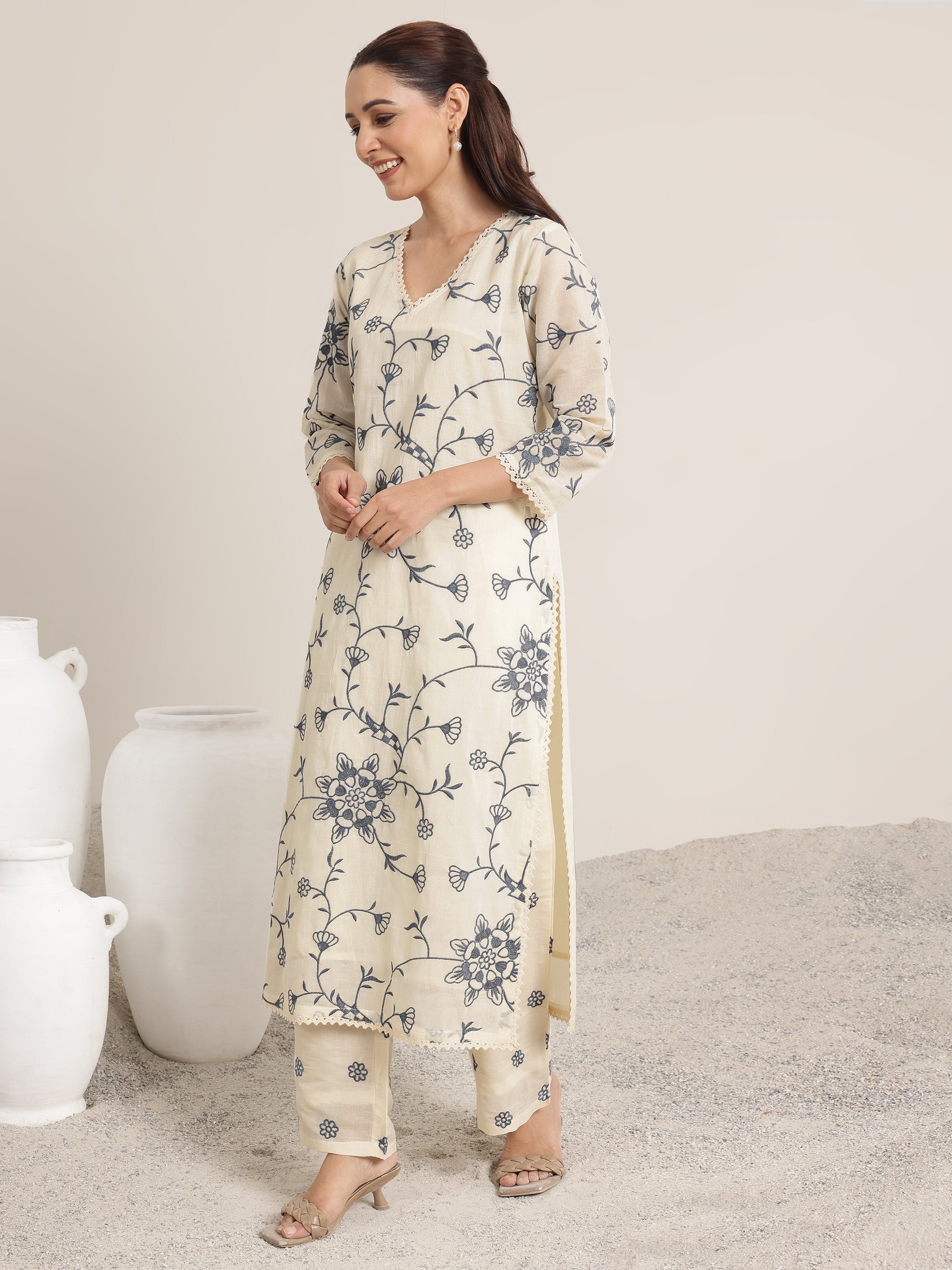 Off White Embroidered Cotton Straight Suit Set With Dupatta