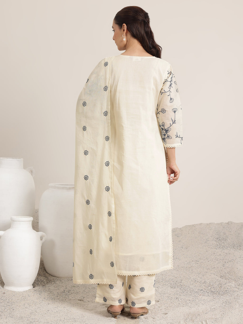 Off White Embroidered Cotton Straight Suit Set With Dupatta