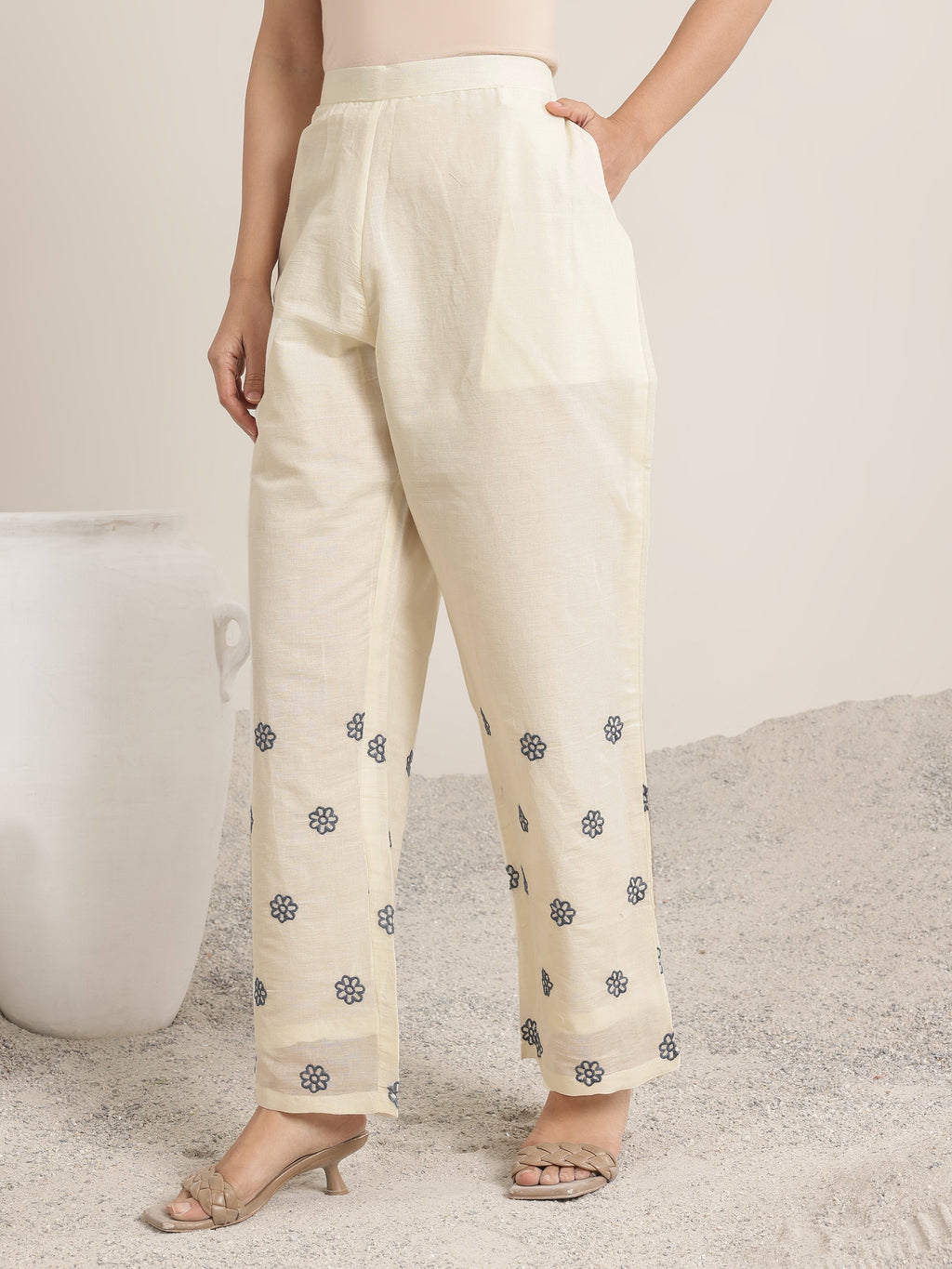 Off White Embroidered Cotton Straight Suit Set With Dupatta