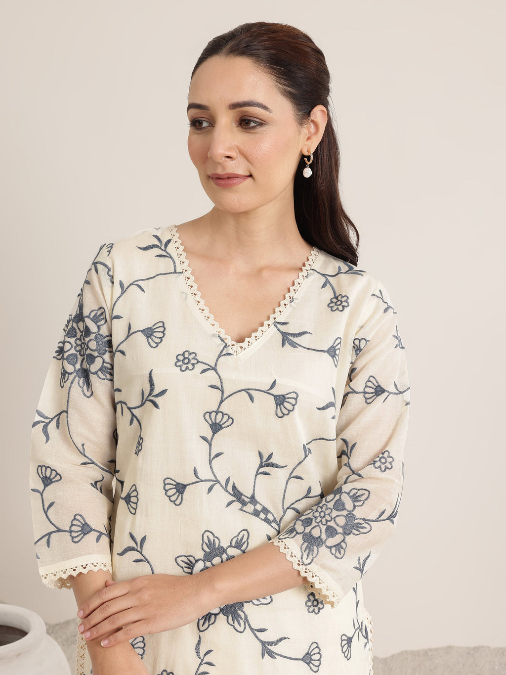 Off White Embroidered Cotton Straight Suit Set With Dupatta