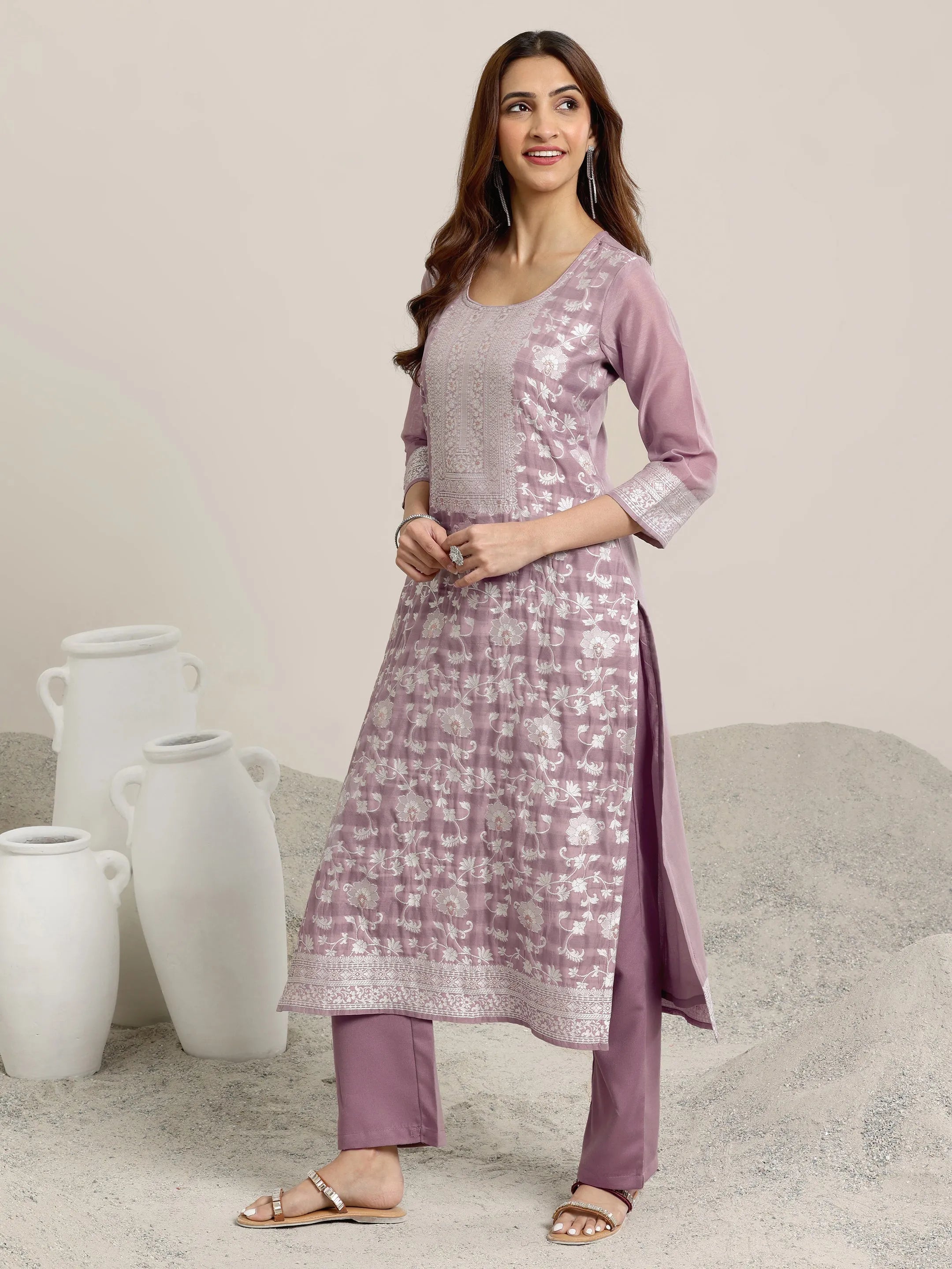 Mauve Woven Design Chanderi Silk Straight  Suits With Dupatta