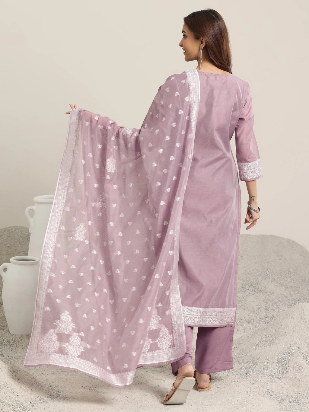Mauve Woven Design Chanderi Silk Straight  Suits With Dupatta