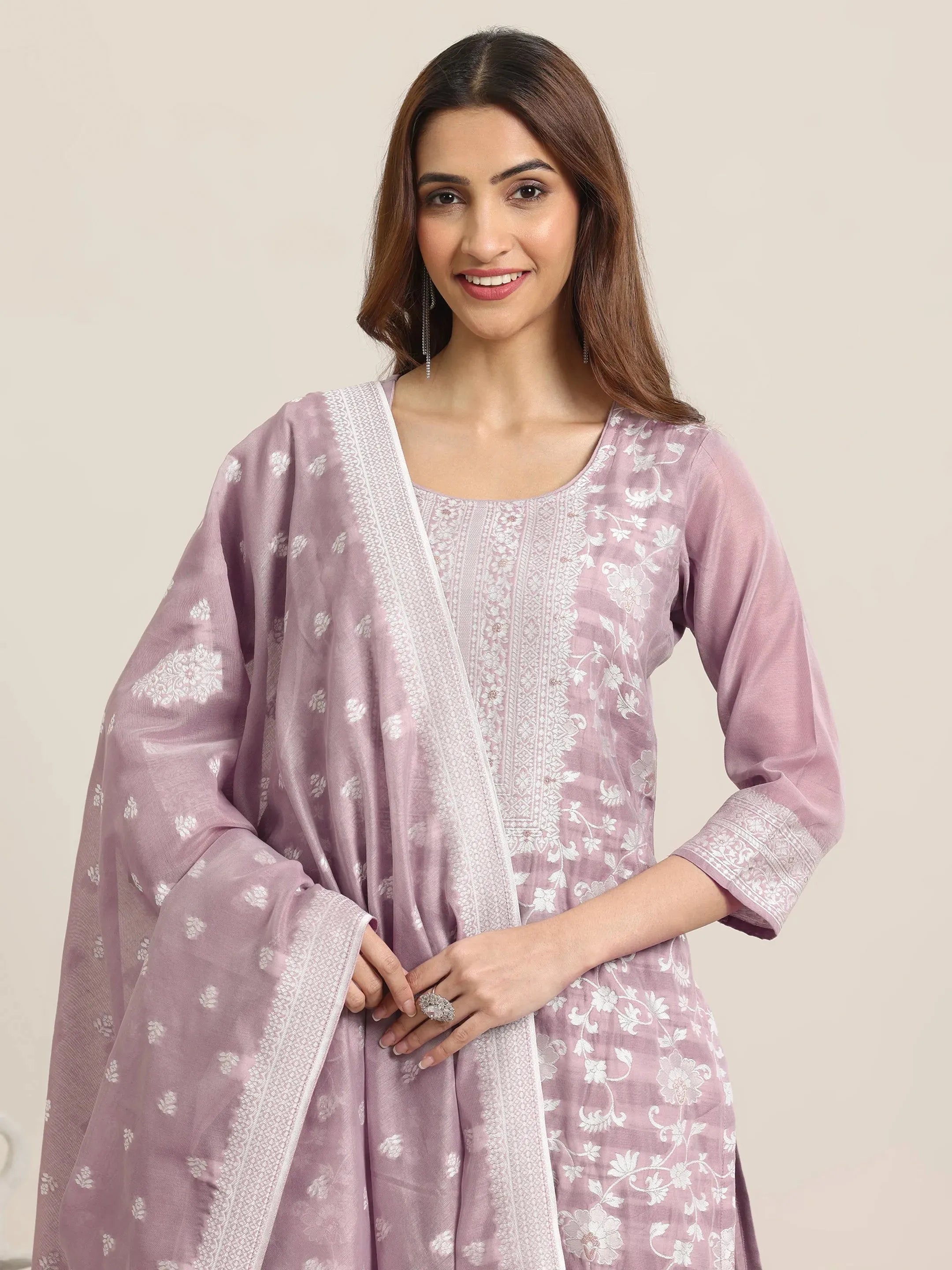 Mauve Woven Design Chanderi Silk Straight  Suits With Dupatta