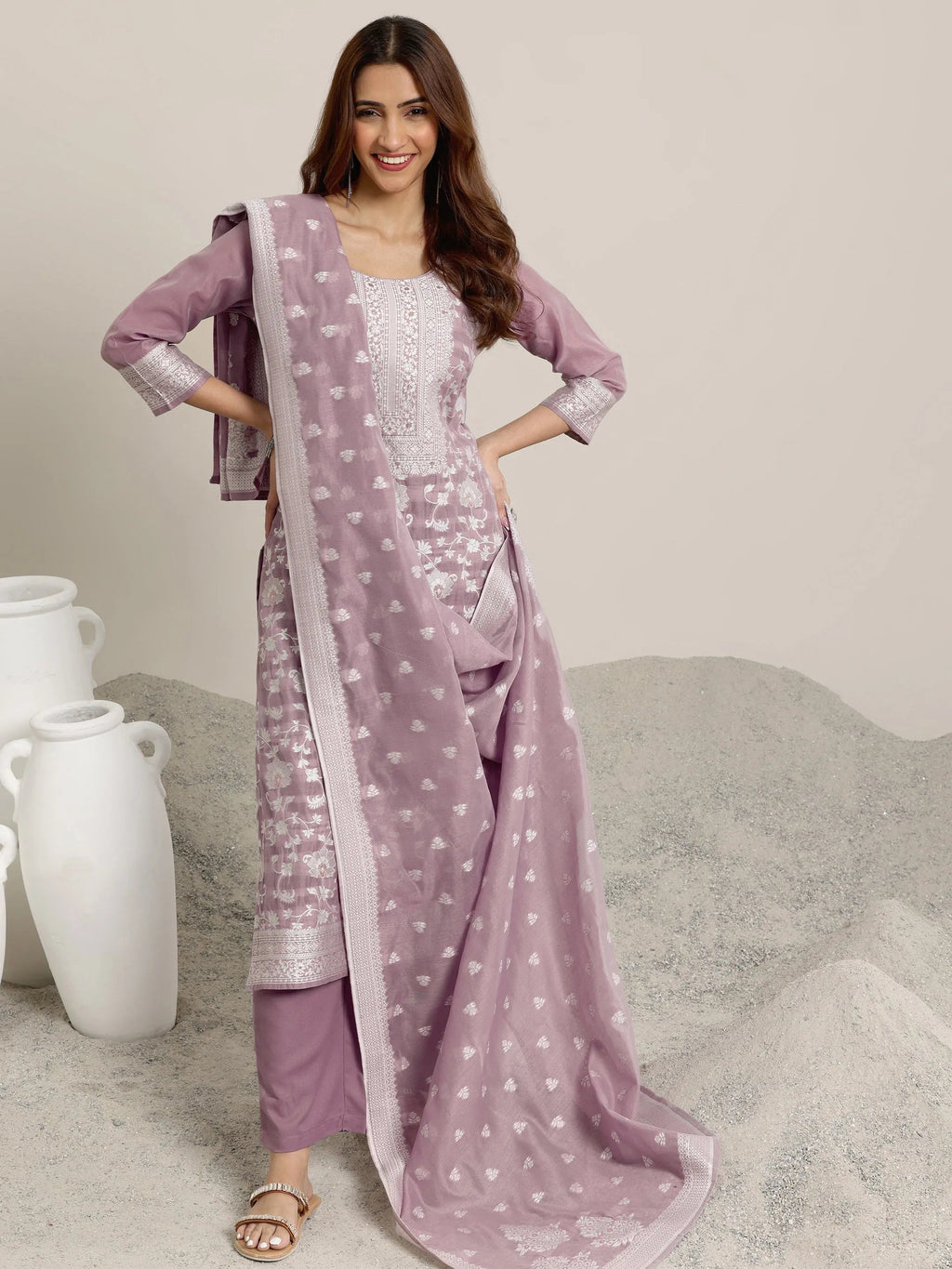 Mauve Woven Design Chanderi Silk Straight  Suits With Dupatta