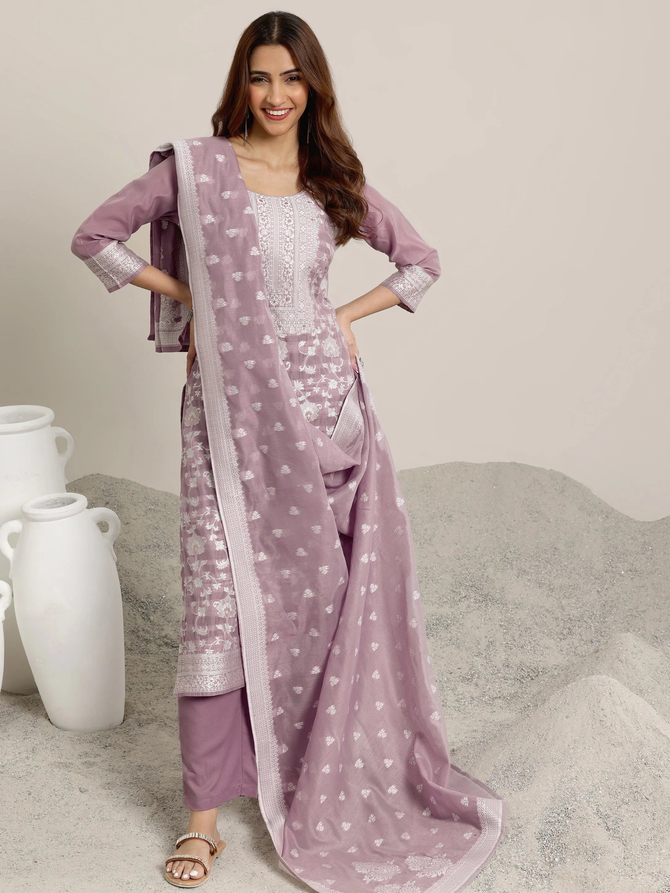 Mauve Woven Design Chanderi Silk Straight  Suits With Dupatta