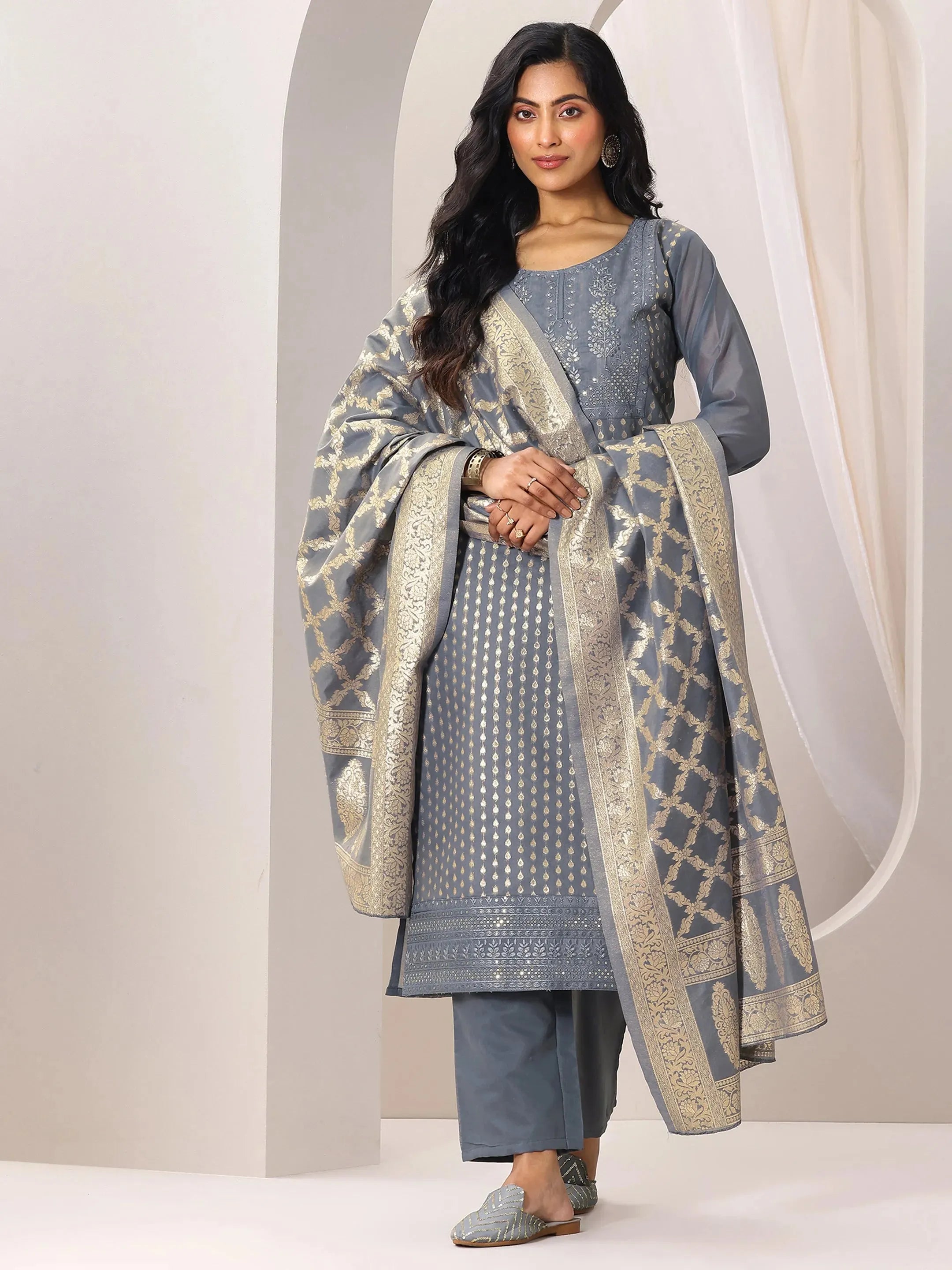 Grey Woven Design Chanderi Silk Straight Suit Set With Dupatta