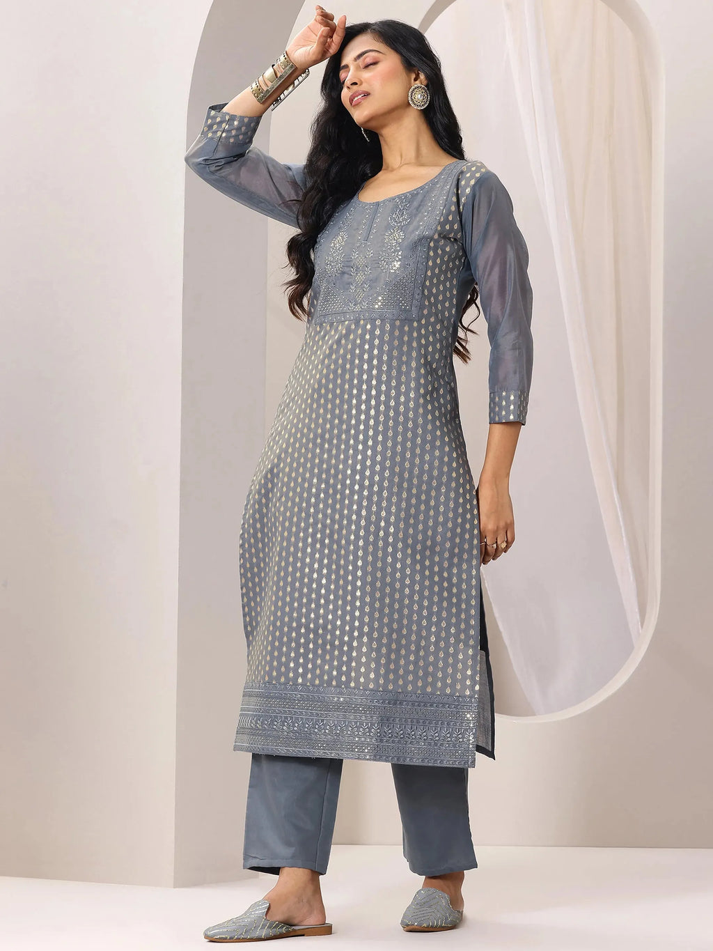Grey Woven Design Chanderi Silk Straight Suit Set With Dupatta