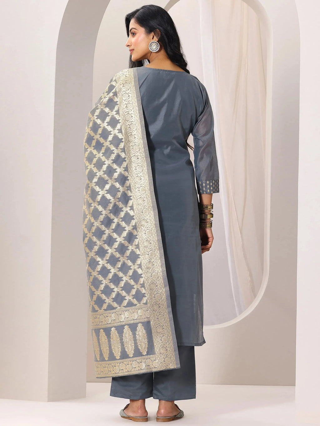 Grey Woven Design Chanderi Silk Straight Suit Set With Dupatta