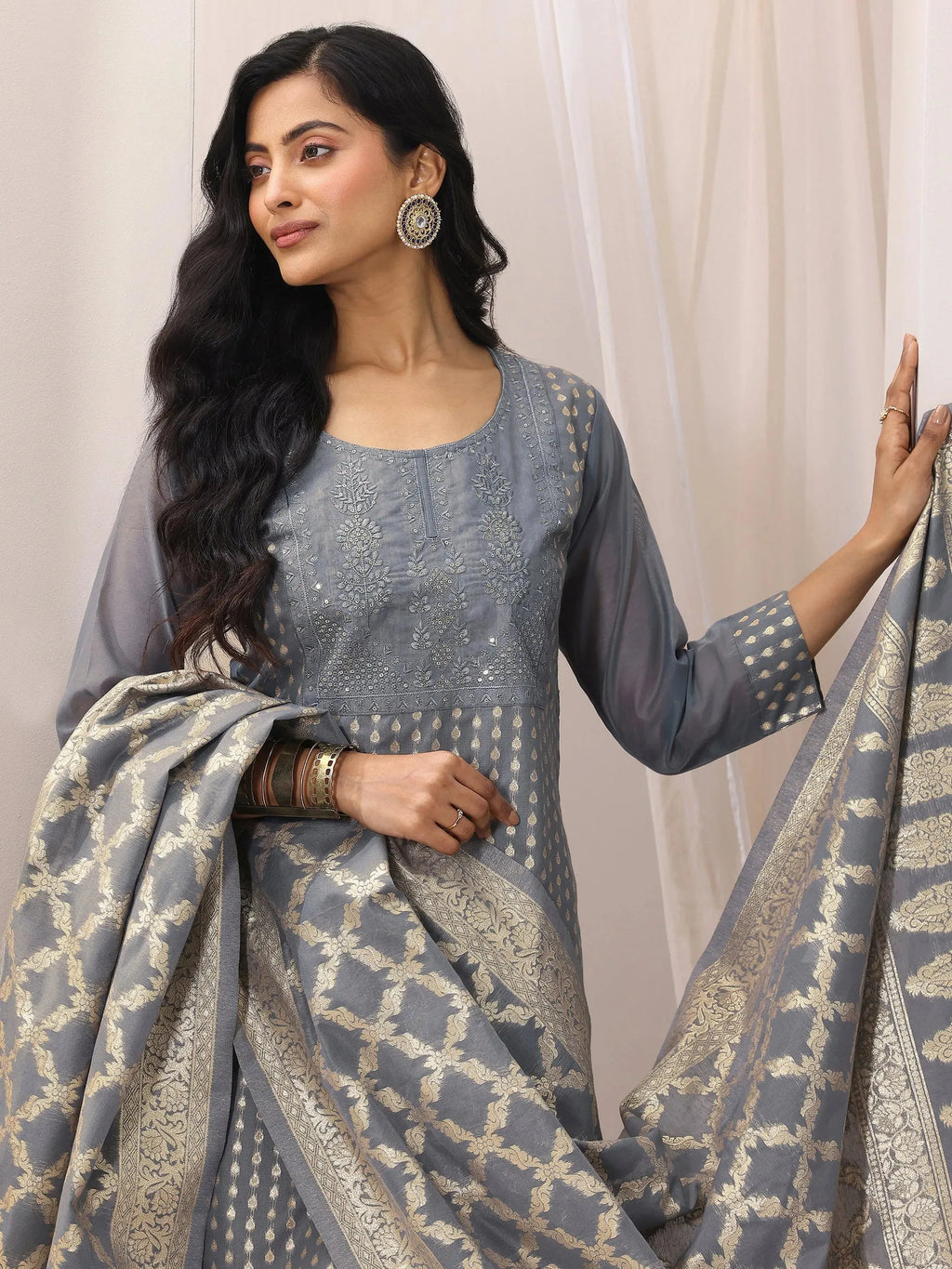 Grey Woven Design Chanderi Silk Straight Suit Set With Dupatta
