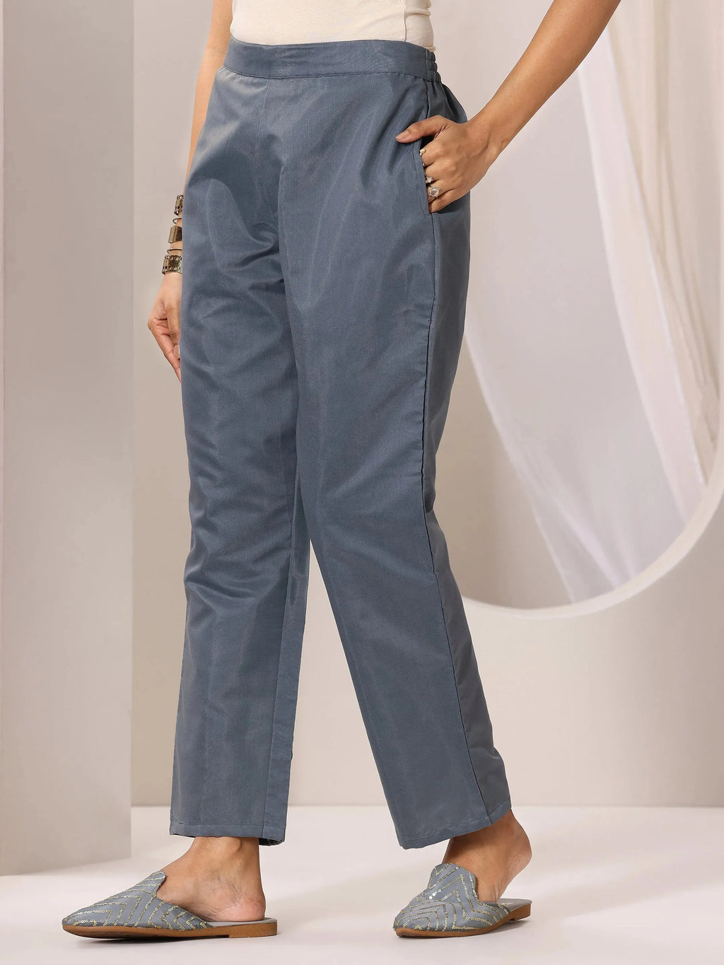 Grey Woven Design Chanderi Silk Straight Suit Set With Dupatta