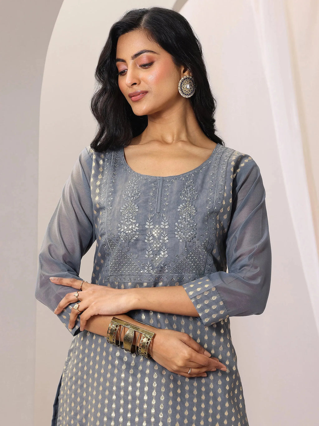 Grey Woven Design Chanderi Silk Straight Suit Set With Dupatta