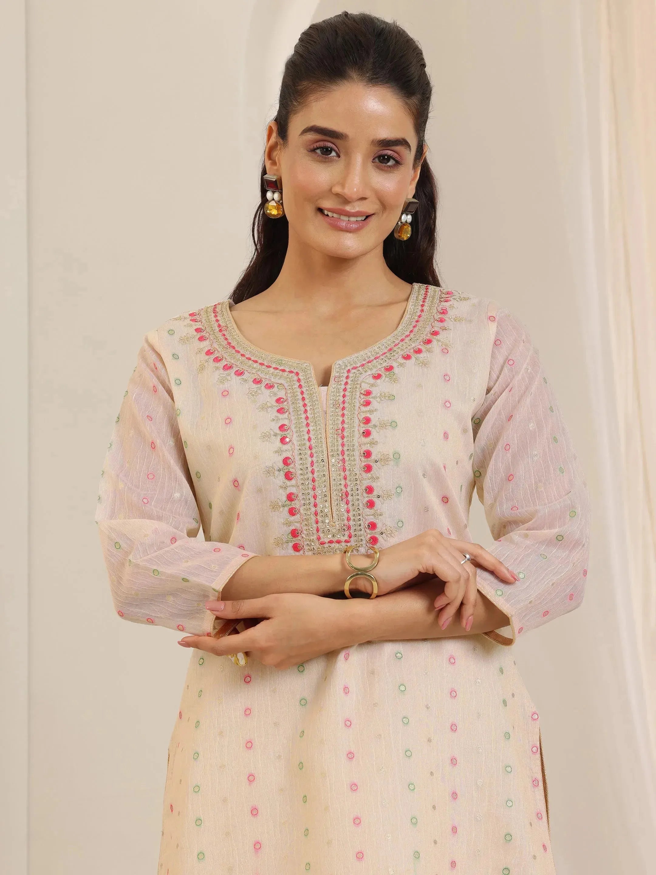 Off White Woven Design Chanderi Silk Straight Suit Set With Dupatta