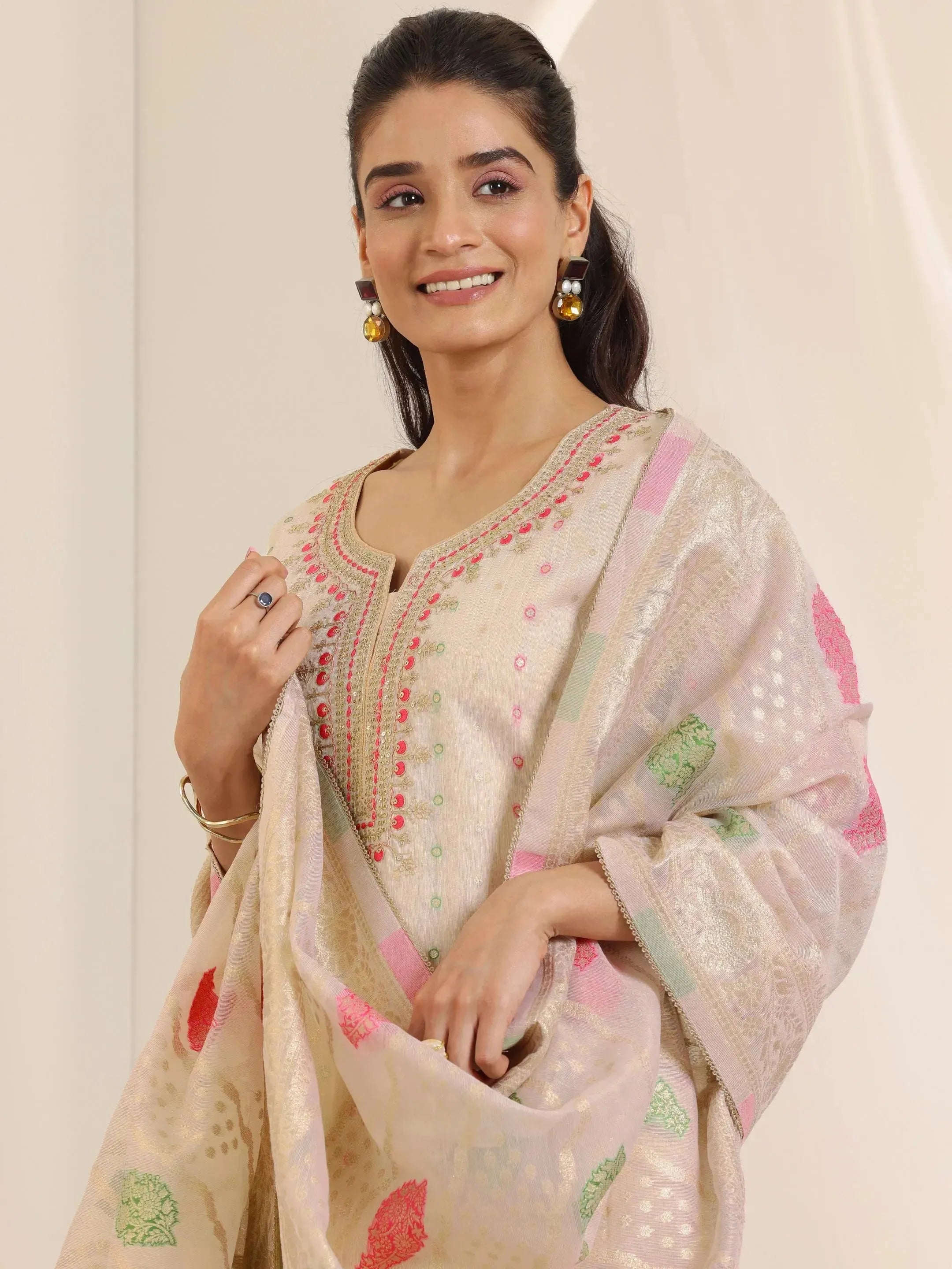 Off White Woven Design Chanderi Silk Straight Suit Set With Dupatta