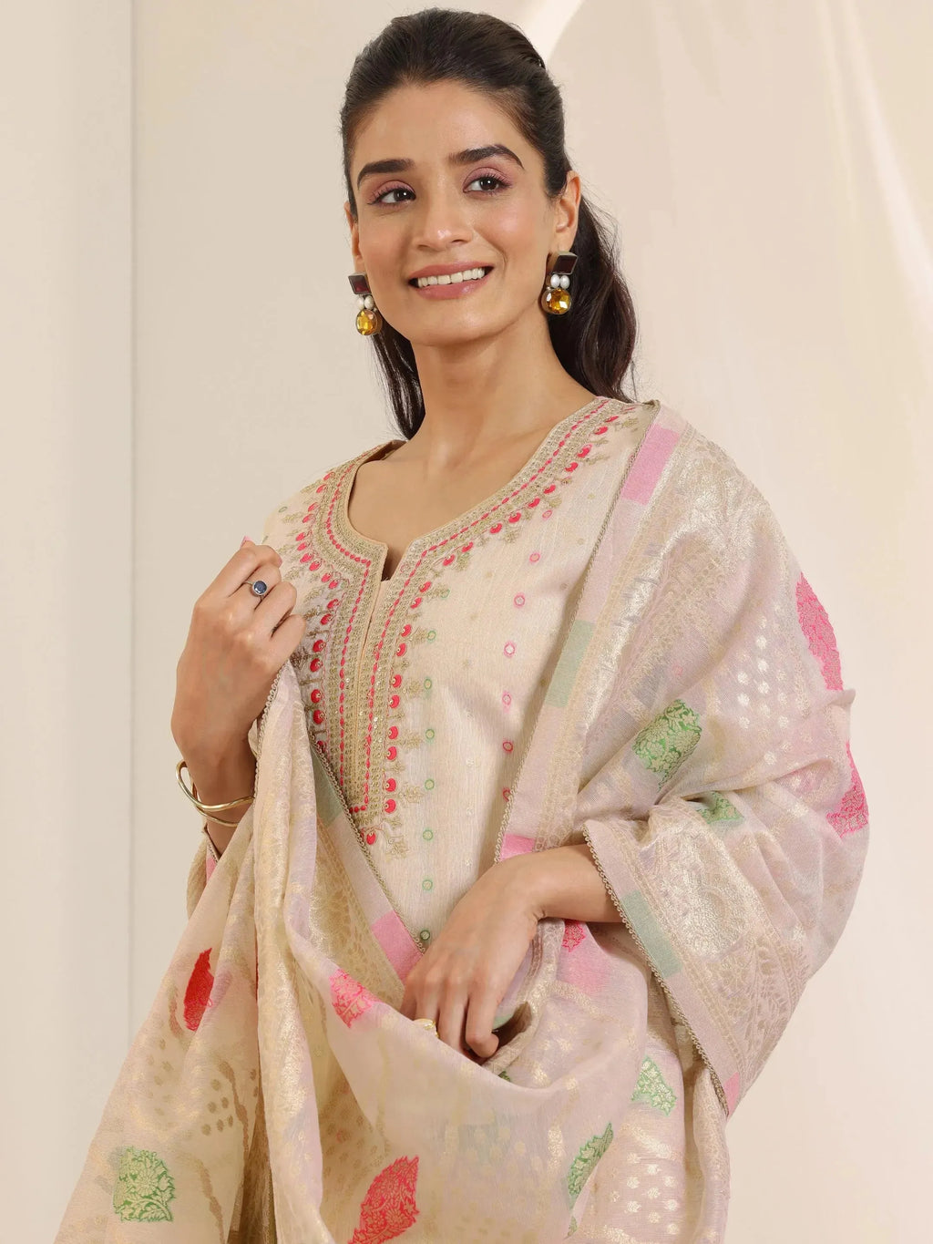 Off White Woven Design Chanderi Silk Straight Suit Set With Dupatta